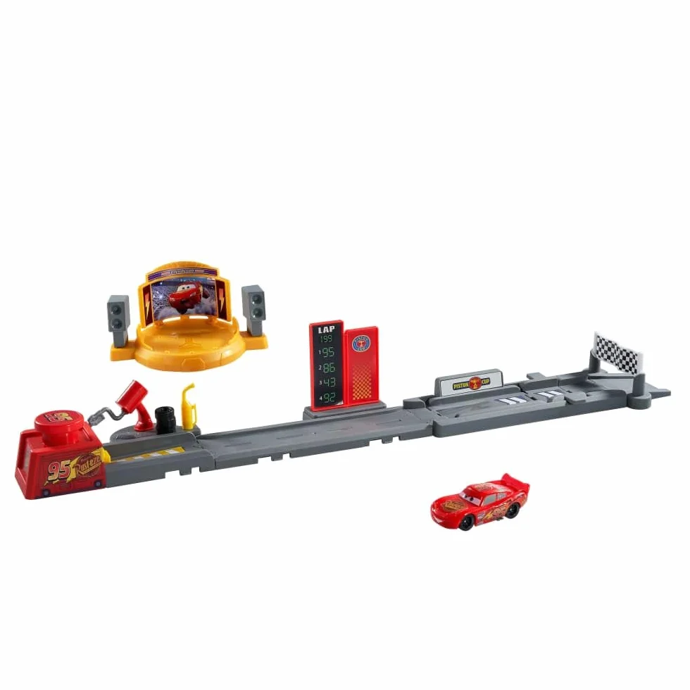 Mattel CARS - Pista di Lancio Piston Cup, set lungo 50+ cm con salti, acrobazie e 2 modalità di gioco, veicolo di Saetta McQueen incluso, giocattolo per bambini, 4+ anni, JDJ02