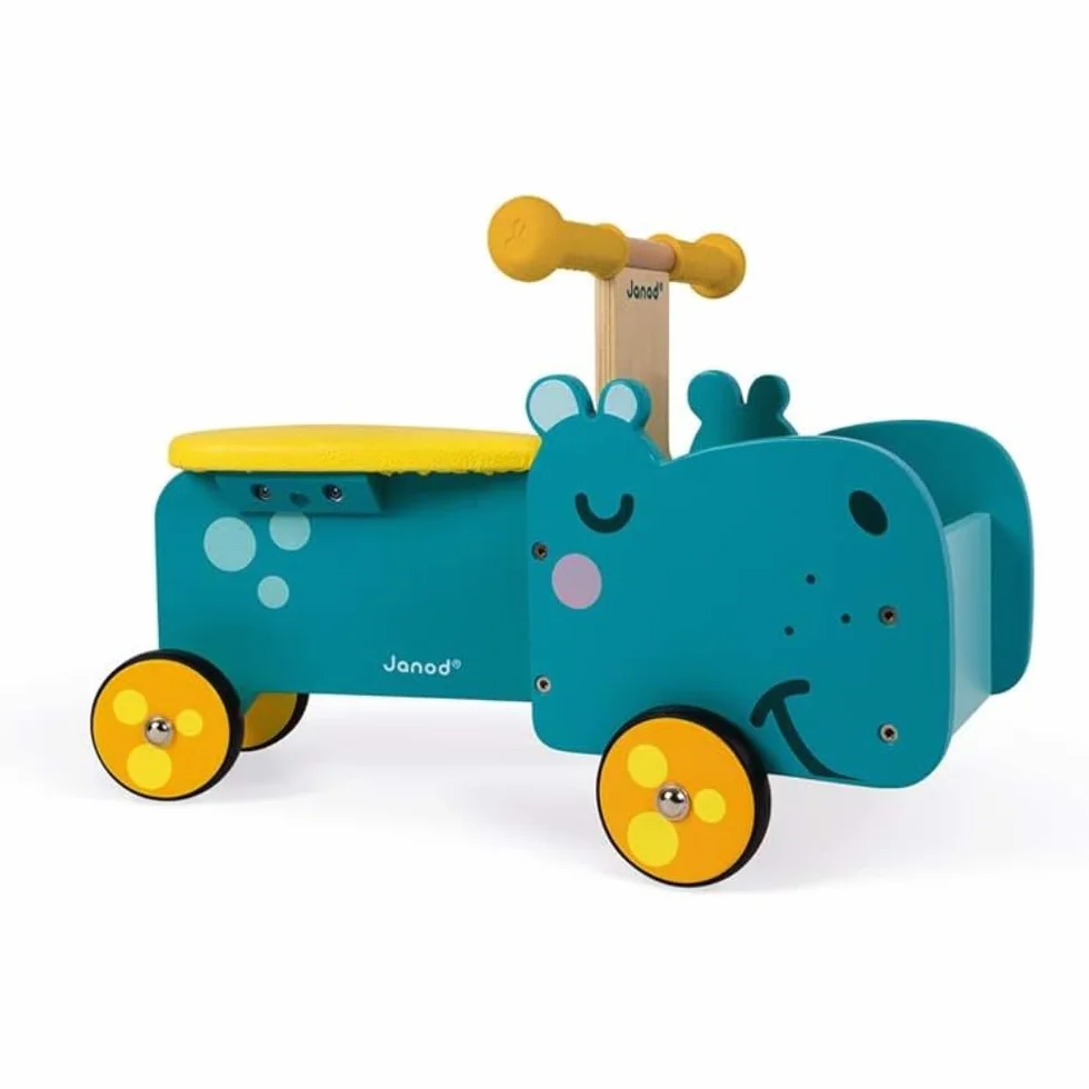 Janod Cavalcabile in Legno Ippopotamo per Bambini con Maniglie Ergonomiche e Ruote Silenziose Blu e Giallo