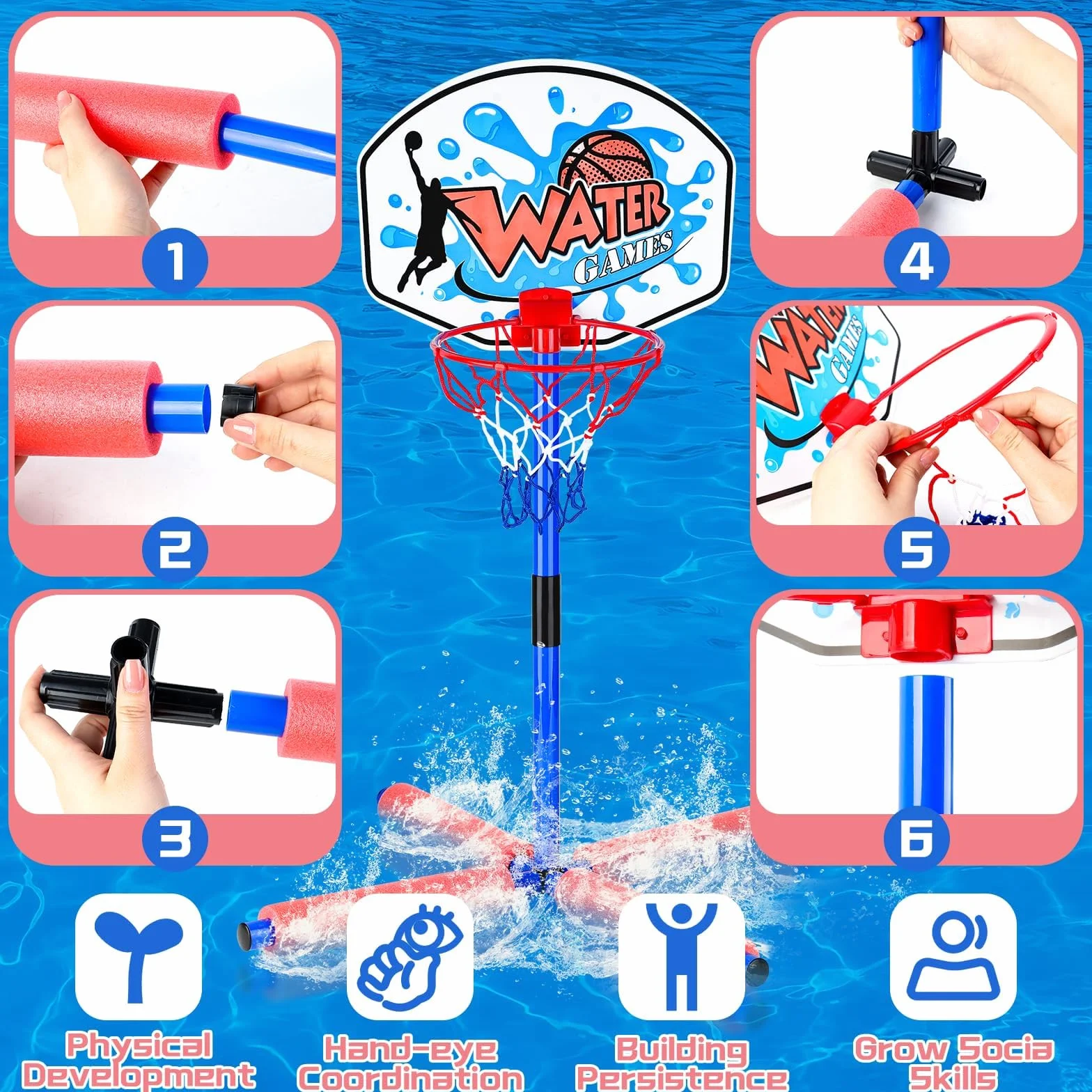 deAO Canestro da Basket Galleggiante per Piscina – Gioco d’Acqua Estivo per Bambini, Set con Palla e Pompa – Utilizzabile Anche Fuori dall’Acqua