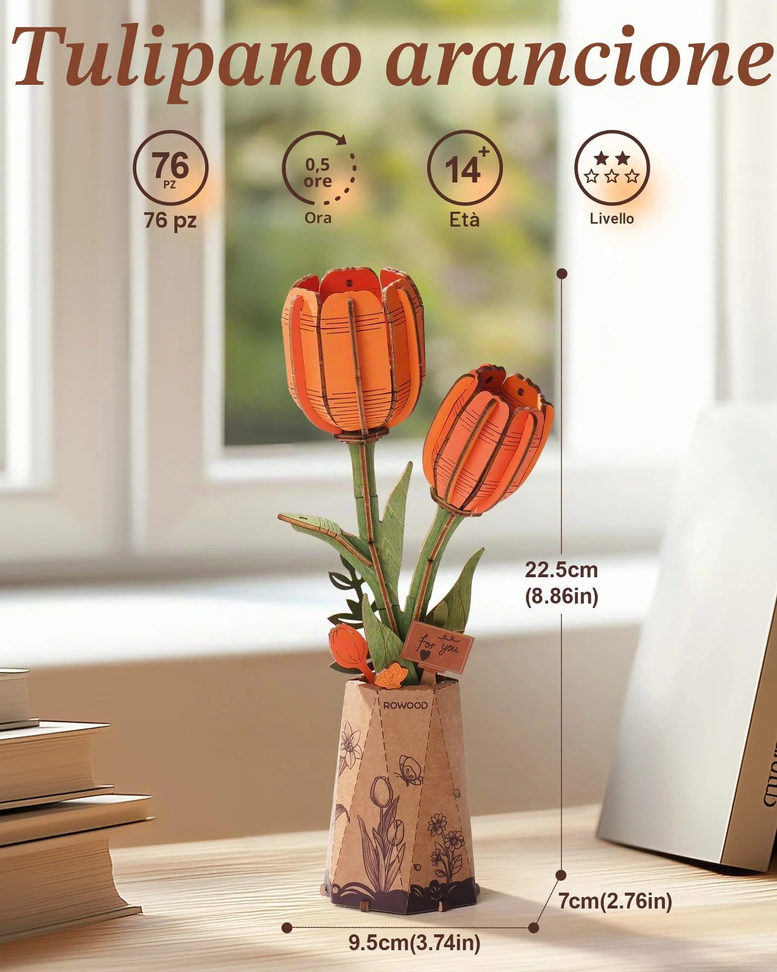 ROWOOD Puzzle in 3D con motivo tulipano, fiore fai da te in legno, kit di modellismo per fiori artificiali, da assemblare, per adulti, splendida decorazione per la casa e regalo per San Valentino