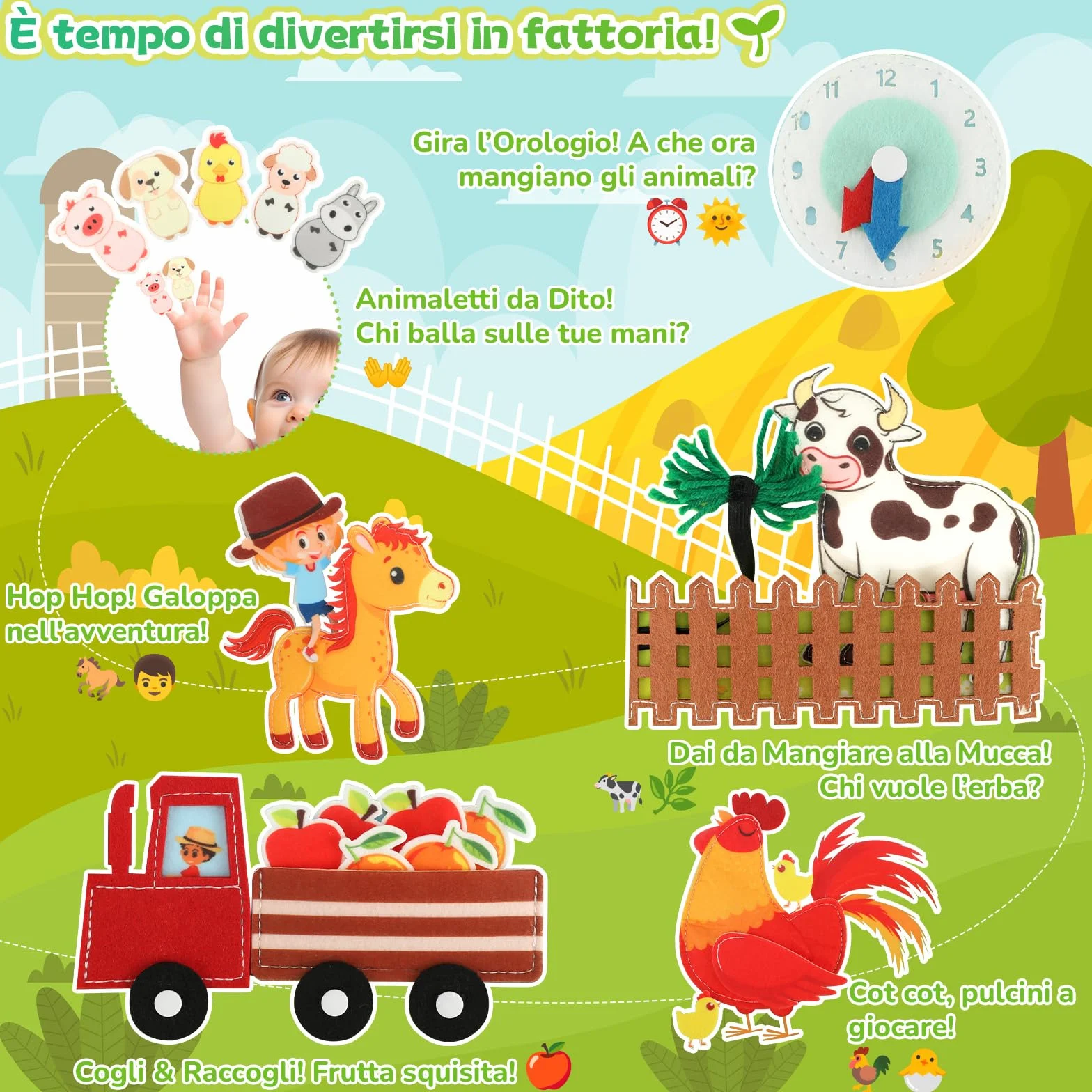 Busy Board Montessori 2 Anni, Giochi per Bambini Fattoria con 25 Attività, Quiet Book Regalo 2-4 Anni Sviluppo Precoce