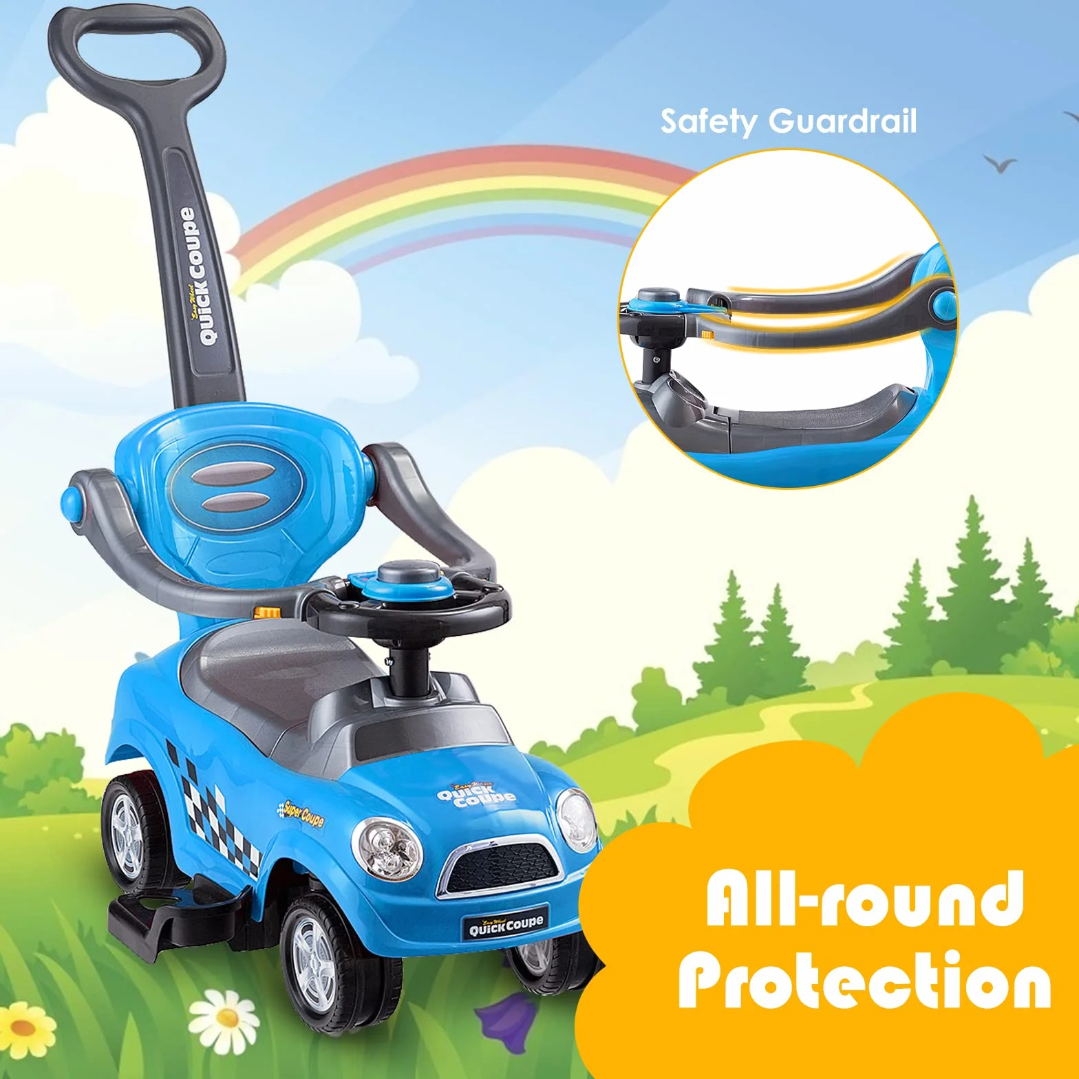 RELAX4LIFE 3 in 1 Macchina Cavalcabile per Bambini, Macchina a Spinta, Guardrail Staccabili, Vano Portaoggetti, Maniglia Clacson, Blu 2-6 Anni
