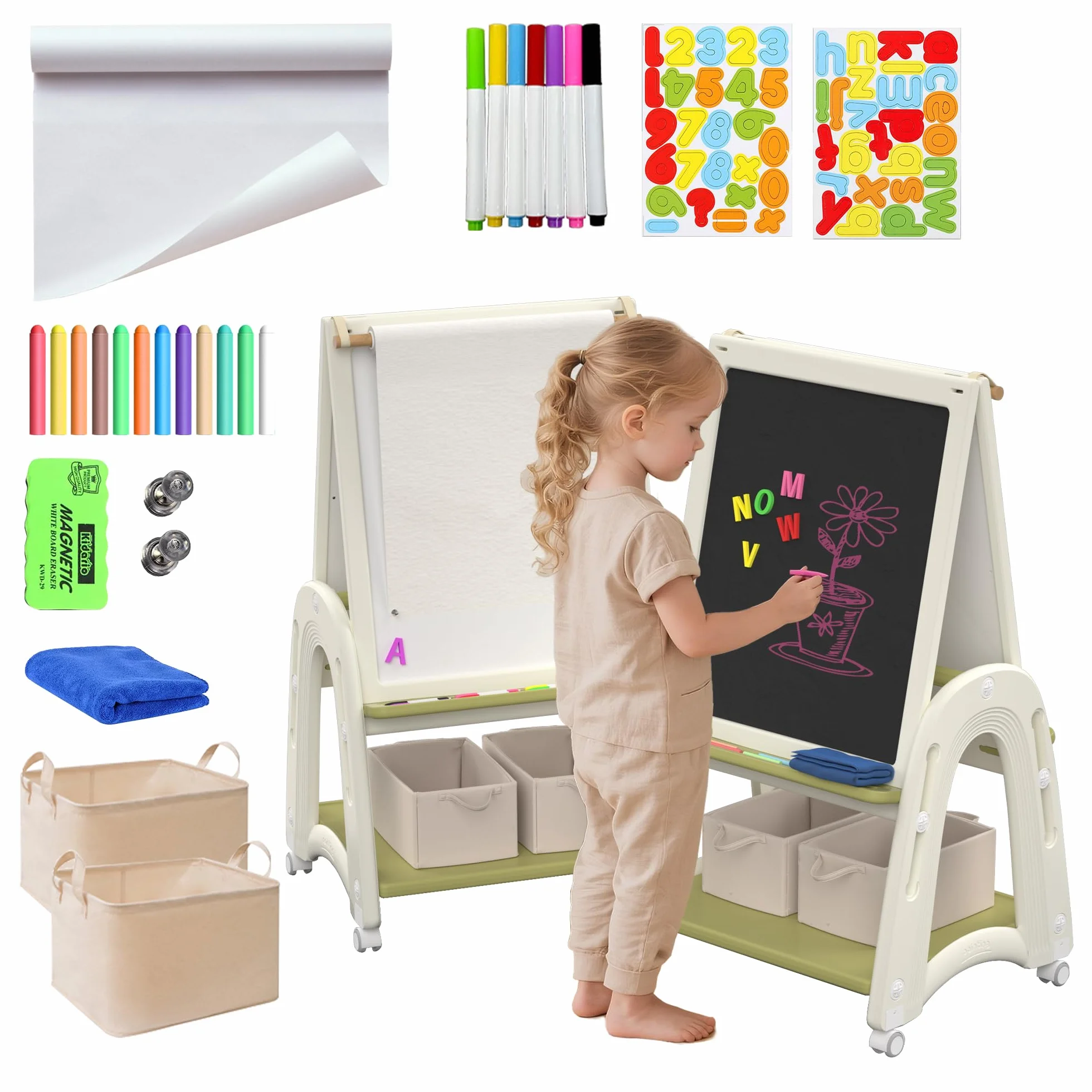 Lavagna per Bambini 3 in 1 Cavalletto con Rotolo Carta Doppia Lato Bianco e Nero Altezza Regolabile Verde