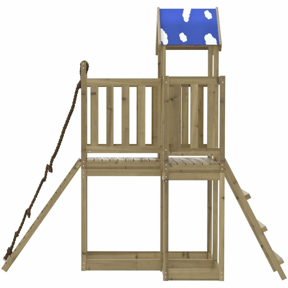Torre gioco in legno di pino impregnato con piattaforma da 90 cm, rampa da arrampicata, scala e sabbiere, con tetto a nuvola e ringhiera di sicurezza per esterni