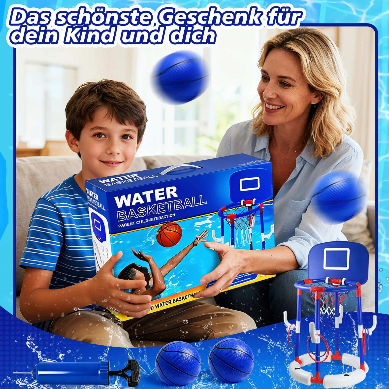Joellfuner Canestro da Basket per Piscina, Canestro Piscina Galleggiante, Set da Canestro Basket Piscina, con 6 Palloni e Pompa, Gioco Acqua Cerchi da Lancio, Giochi Piscina per Bambini Adulti (Blu)