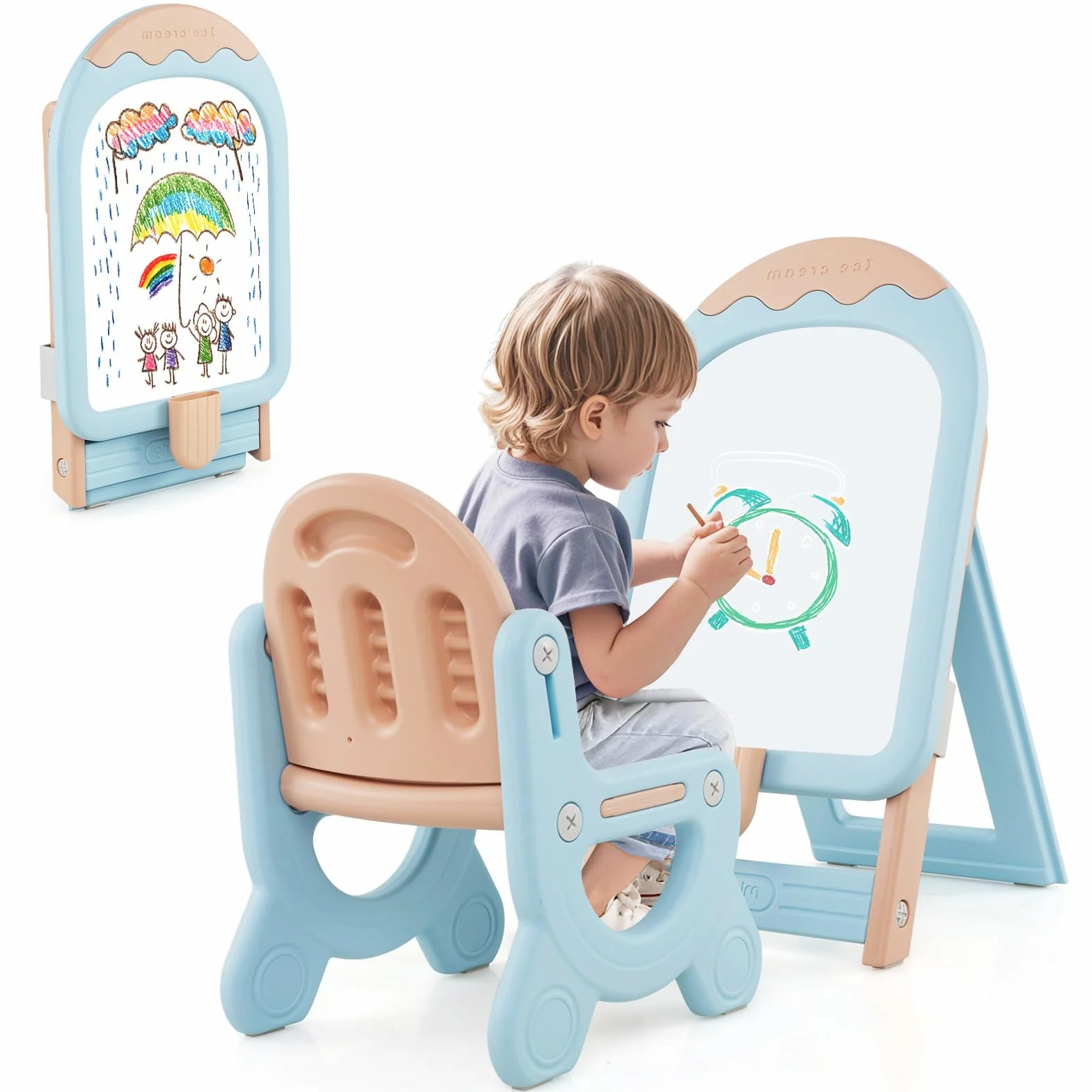 RELAX4LIFE Lavagnetta Cancellabile Bambini Pieghevole con Sedia, Altezza Regolabile, Cavalletto con Lavagna Bianca, Scatola Portaoggetti, Gomma e Pennarelli, Set da Disegno per Bambini 1+ Anni (Blu)