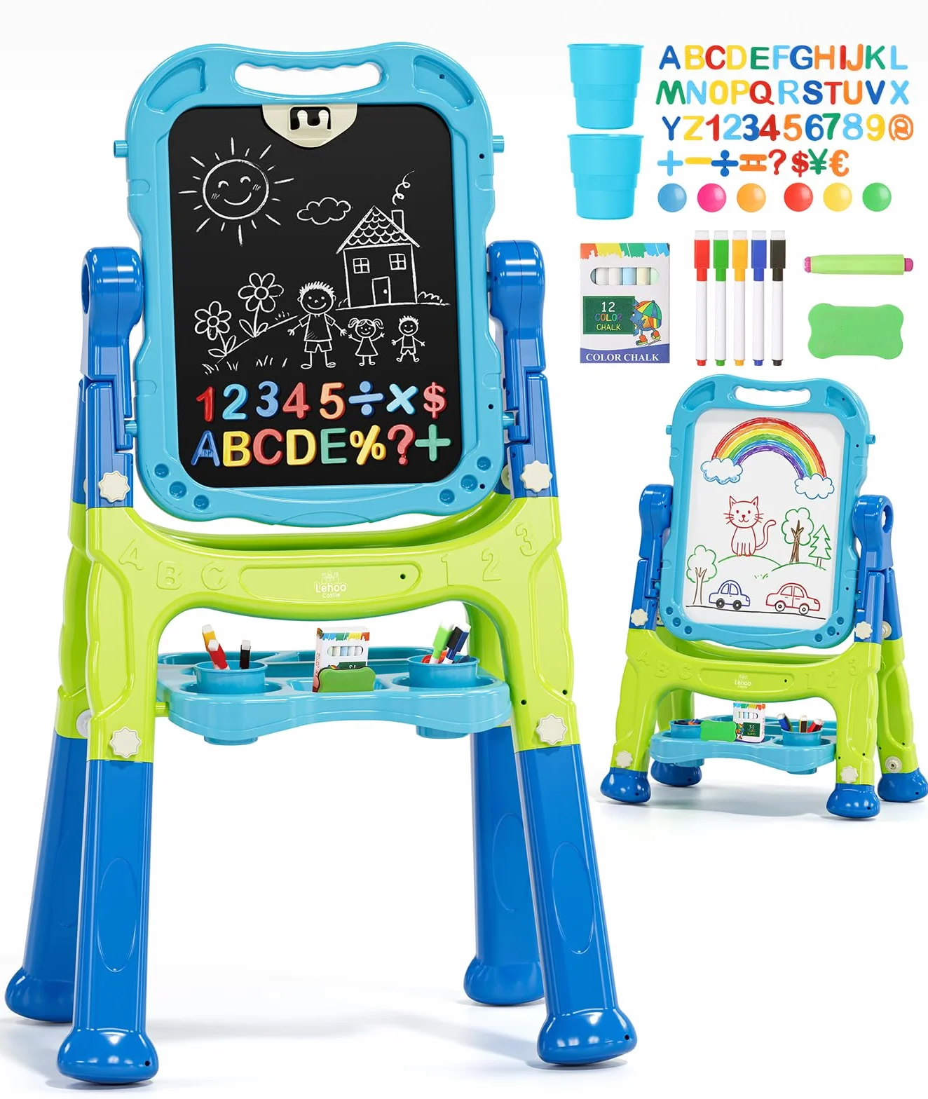 Lehoo Castle Lavagna Magnetica 4 in 1 Bambini, 360° Cavalletto Pittura Regolabile Altezza, Giocattolo Educativo 3+ Anni