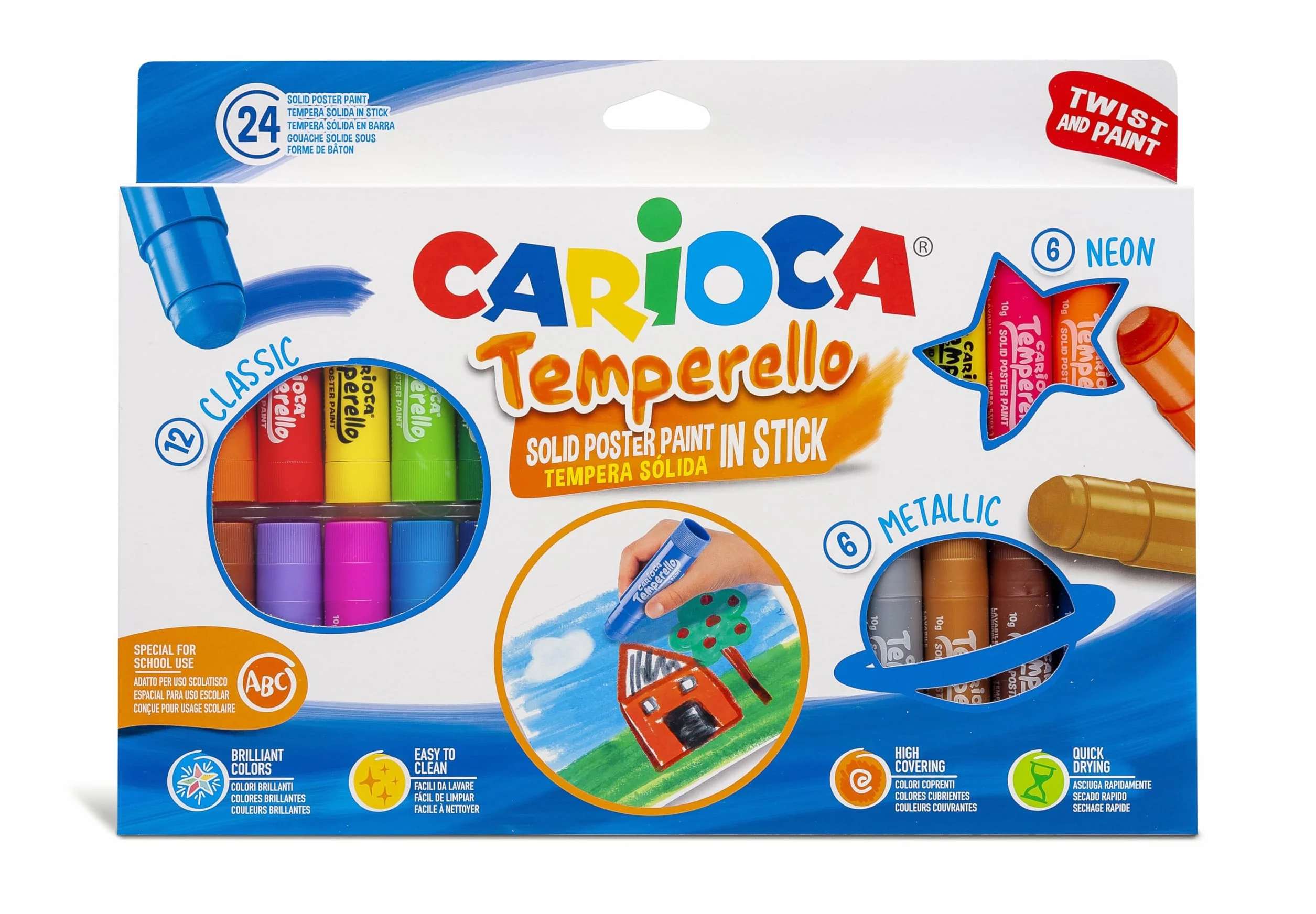 CARIOCA Temperello, Tempere Lavabili per Bambini in Stick per Colorare su Carta, Cartoncino, Legno e Cartone, Colori Assortiti e Brillanti, Senza Solventi, Classic, Neon e Metallic, 24 Pezzi