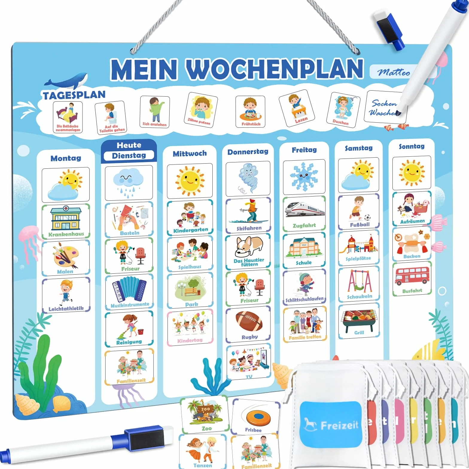 FORMIZON Montessori, agenda settimanale per bambini, lavagna magnetica con 248 magneti, custodia e penna, calendario per bambini, programma giornaliero e programma settimanale, gioco educativo