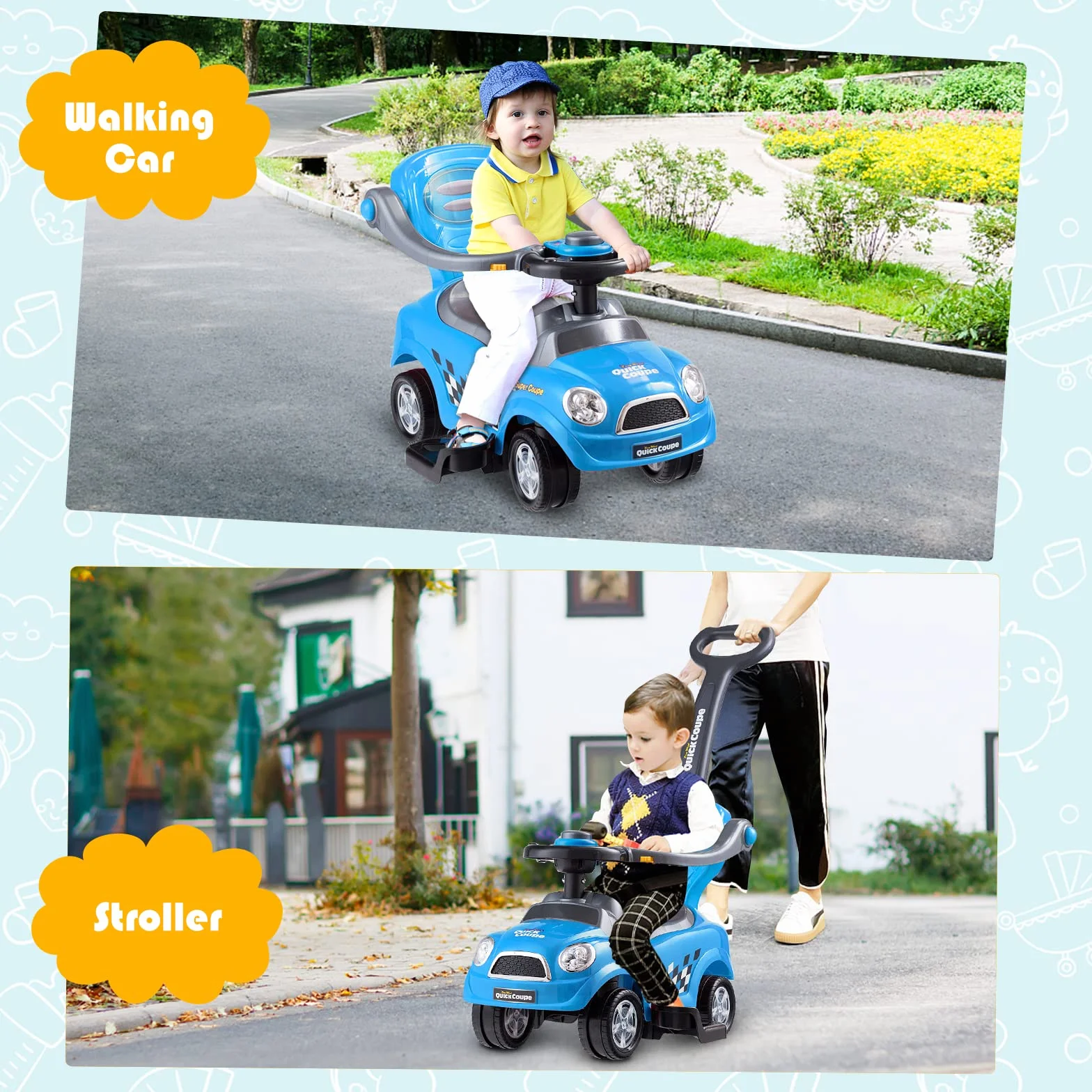 RELAX4LIFE 3 in 1 Macchina Cavalcabile per Bambini, Macchina a Spinta, Guardrail Staccabili, Vano Portaoggetti, Maniglia Clacson, Blu 2-6 Anni