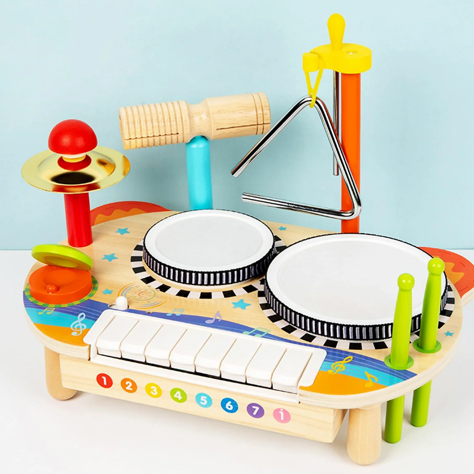Fockety Set di Tamburo in Legno per Bambini con , Giocattolo Musicale per | Strumento a percussione per bambini, set musicale 3 in 1, per ragazzi e ragazze di età compresa tra 1 e 3 anni