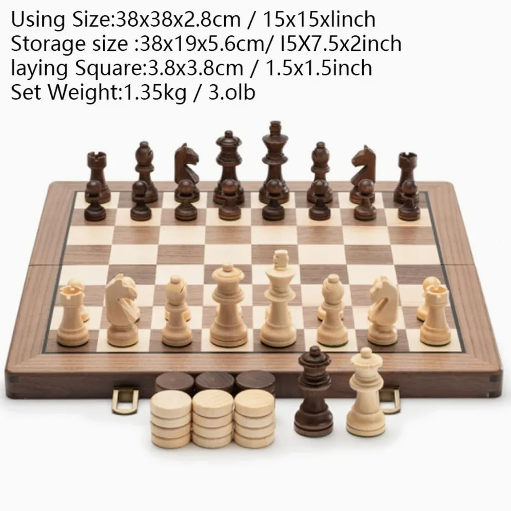 Set di Scacchi, Scacchiera, Scacchiera da 15 Pollici, Scacchi Artigianali in Noce, Set di Scacchi in Legno con 2 Regine Extra, Gioco da Tavolo 2 in 1 con Scacchiera in Fe