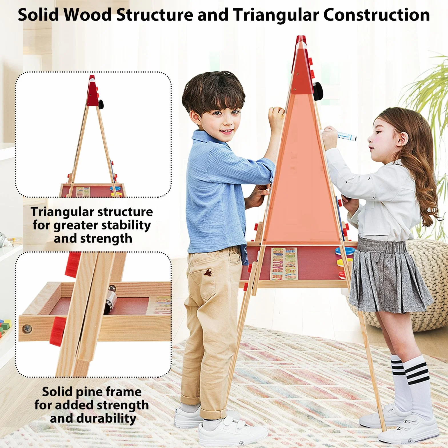 HOMASIS 3 in 1 Lavagna per Bambini con Rotolo di Carta, Cavalletto Pittura Bambini con Lavagna Doppia Faccia, Altezza e Ripiano Regolabile, Struttura in Legno di Pino, 60 x 55 x 112,5-124,5 cm