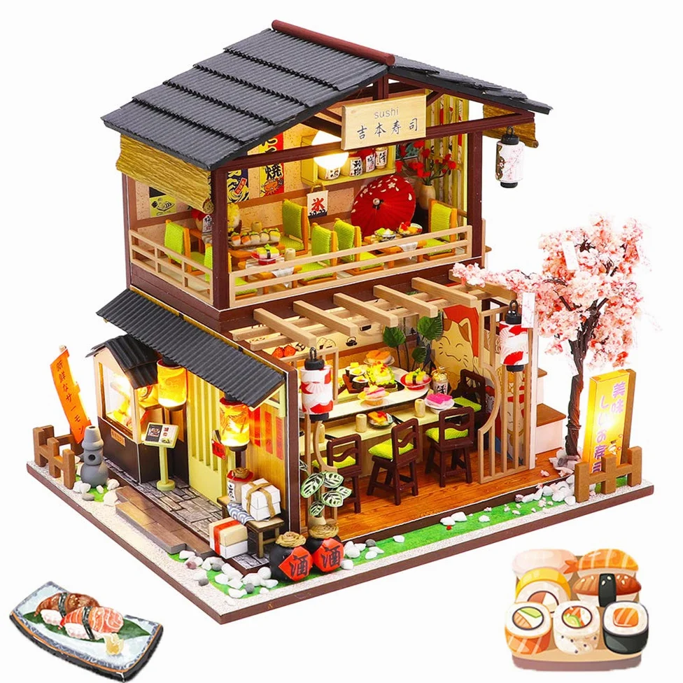 Spilay DIY Dollhouse Miniature with Wooden Furniture,Handmade Japanese Style Home Craft Model Mini Kit with Cover&LED,1:24.