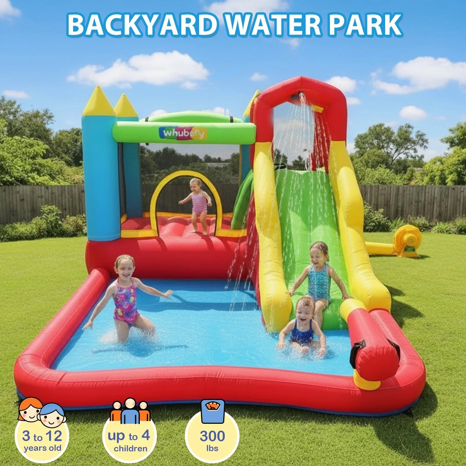 Castello gonfiabile per bambini,Con Scivolo,Castello d’Acqua Set, Trampolino, Piscina e Canestro da Basket, ottimo regalo per la festa in giardino nel parco acquatico, con ventilatore