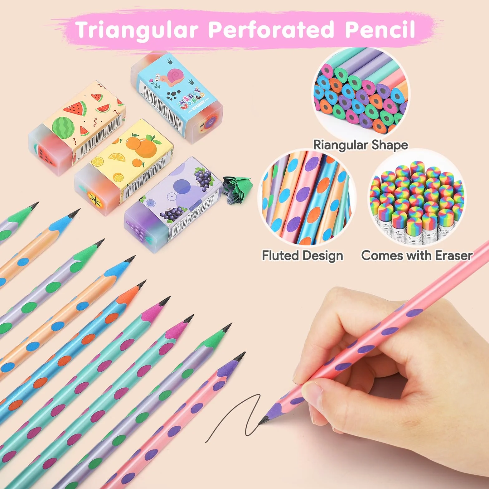 SKAMORI 60 Pezzi Matite con Gomma Gadget Compleanno Bambini, 20 Matite Bambini, 20 Gomme da Cancellare Divertenti e 20 Foglietti Adesivi, Regalini Fine Festa Compleanno Invitati