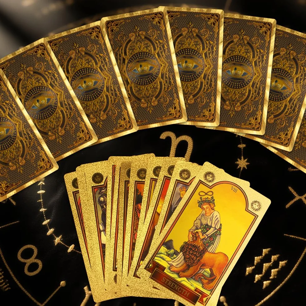 Mazzo di Carte per Tarocchi in Lamina Occhio D'oro 78+2 Pezzi, PVC Impermeabile, con Libro Guida (Inglese) per Principianti
