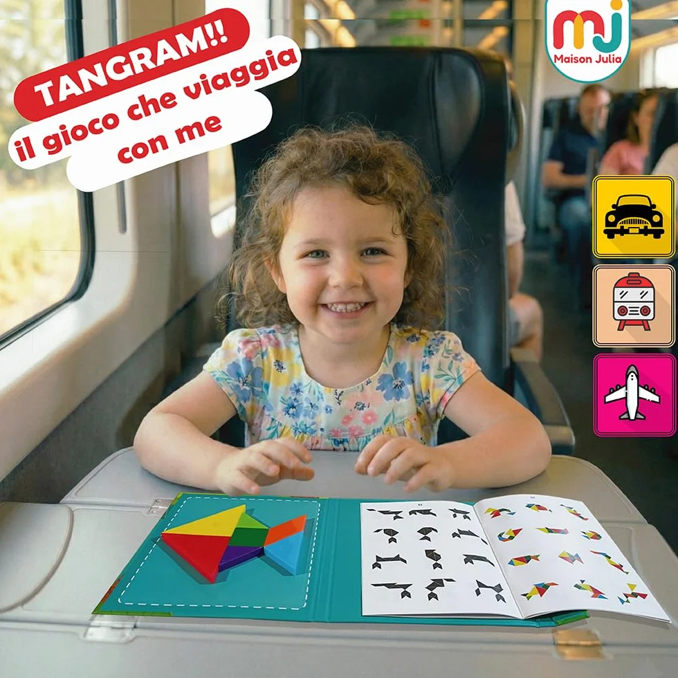 Tangram Bambini Magnetico - Gioco Educativo Montessori da 3 Anni - Puzzle Smart da Viaggio - Attività Calma Treno Aeroplano e Auto - Rompicapo - Regalo Natale Compleanno