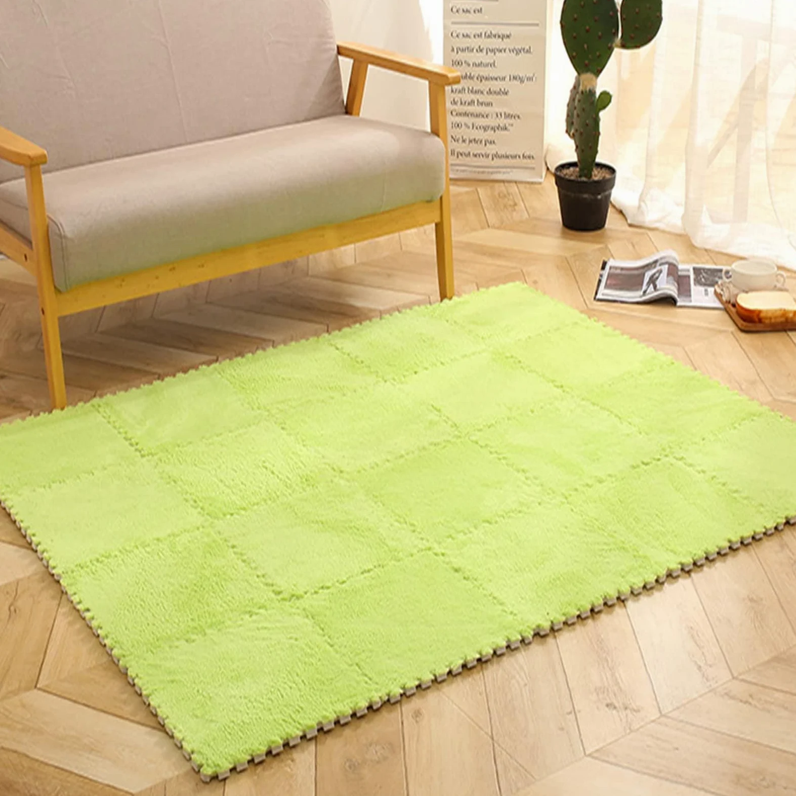 Tappeto ad Incastro Splice, Tappeto ad Incastro in Schiuma di Peluche, Tappeto Quadrato a Puzzle Morbido e soffice per Soggiorno, Camera da Letto, Tappeto in Schiuma da 4,Green-48pcs