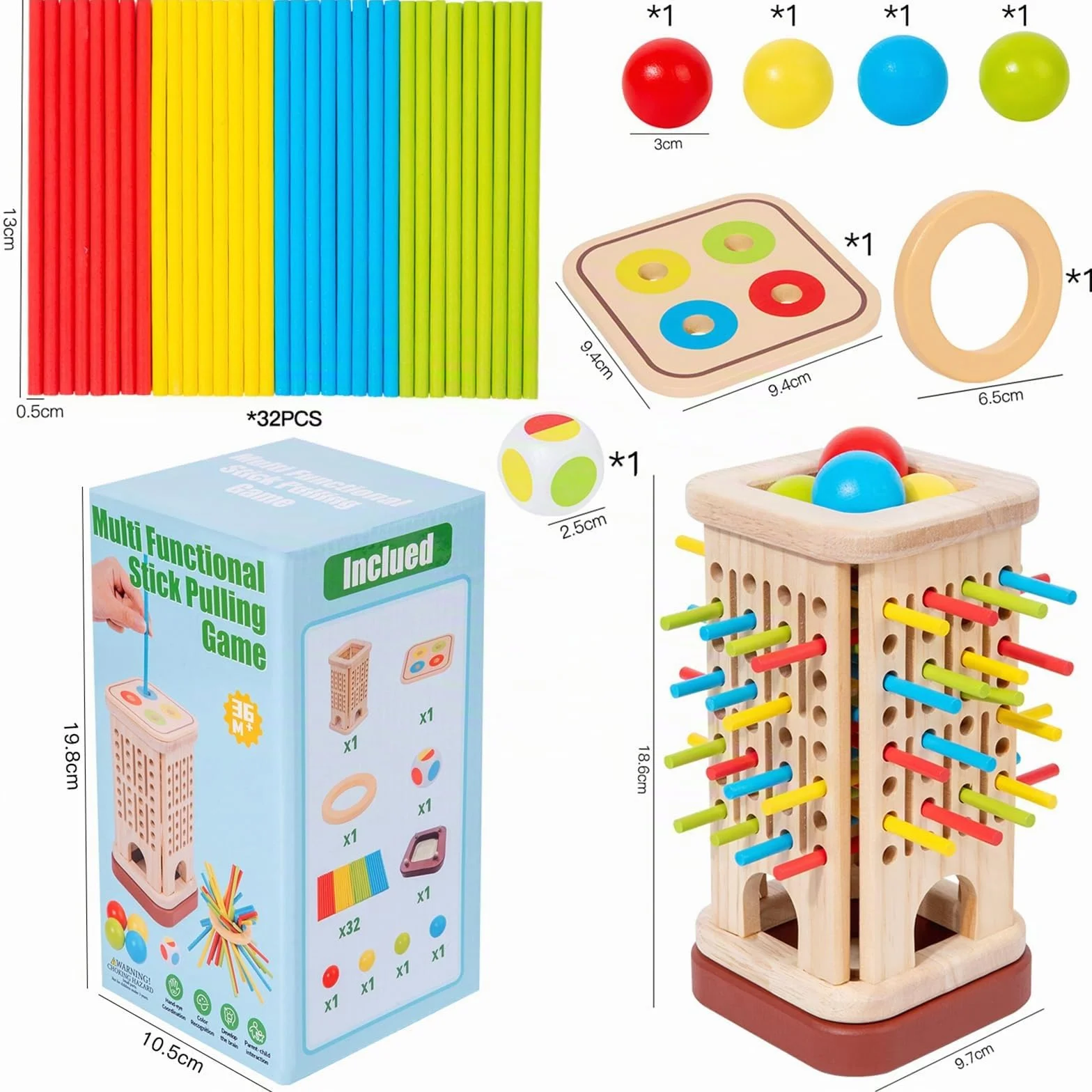 Giochi Montessori per Bambini 3-6 Anni – Gioco da Tavolo in Legno con 32 Bastoncini Colorati, Palla, Dado, Anello e Box – Gioco Educativo di Abilità Motoria, Family Game e Regalo
