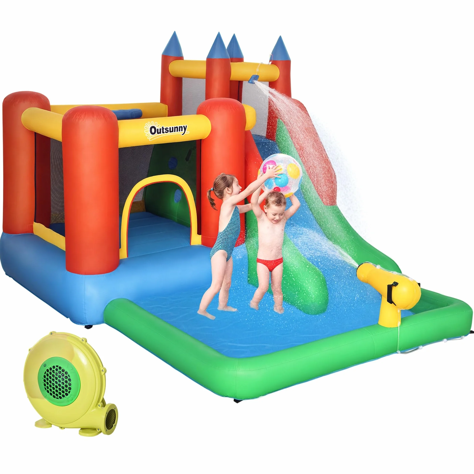Outsunny Gioco Gonfiabile per Bambini 3-8 Anni con Scivolo, Trampolino, Piscina, max 4 Bambini, 330x245x215cm