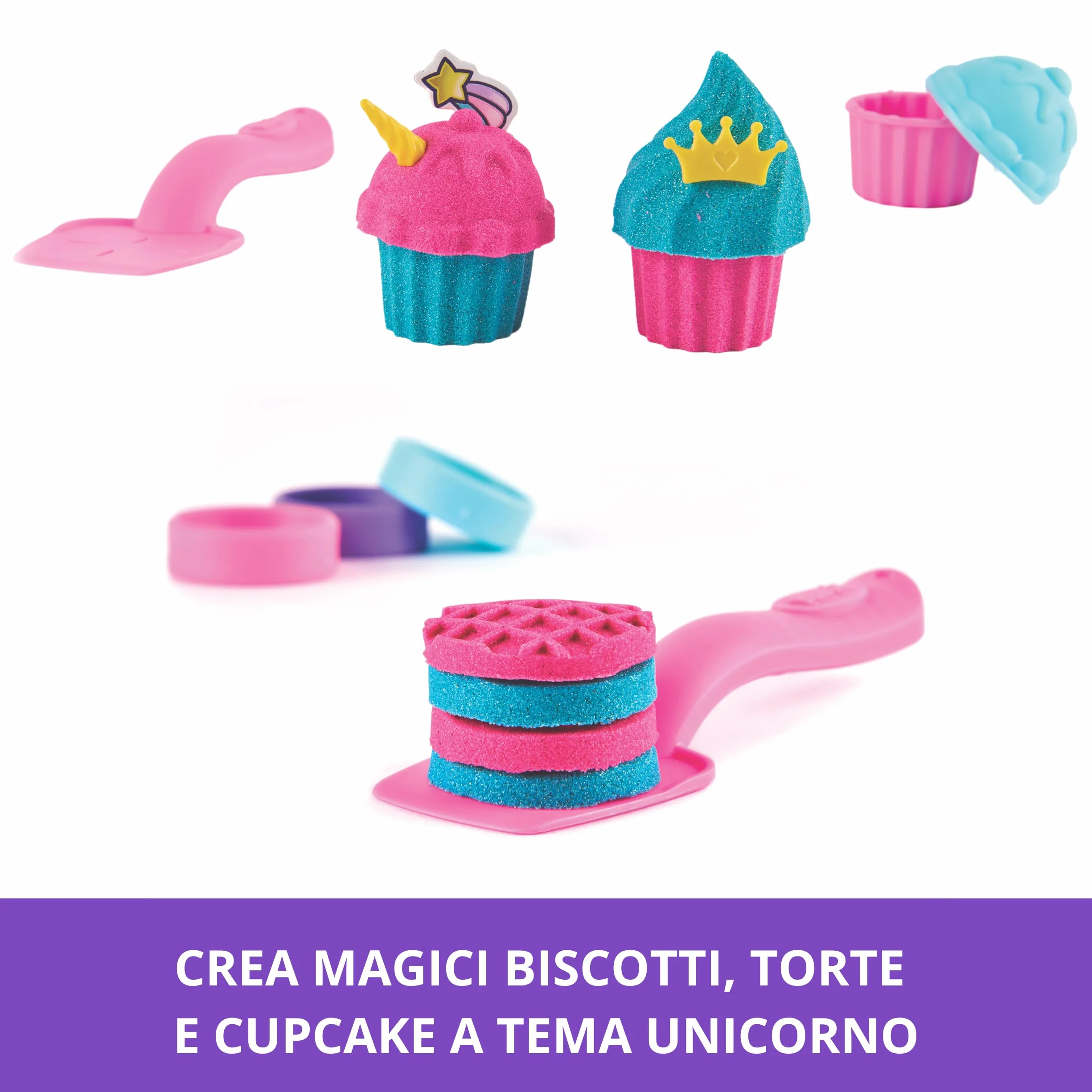 Kinetic Sand Shimmer, Set di Gioco Laboratorio di Pasticceria Unicorni, 453 g di Sabbia Cinetica, Verde Acqua Luccicante e Rosa, 8 Attrezzi Unicorno, Giocattoli Sensoriali per Bambini, 3+ Anni