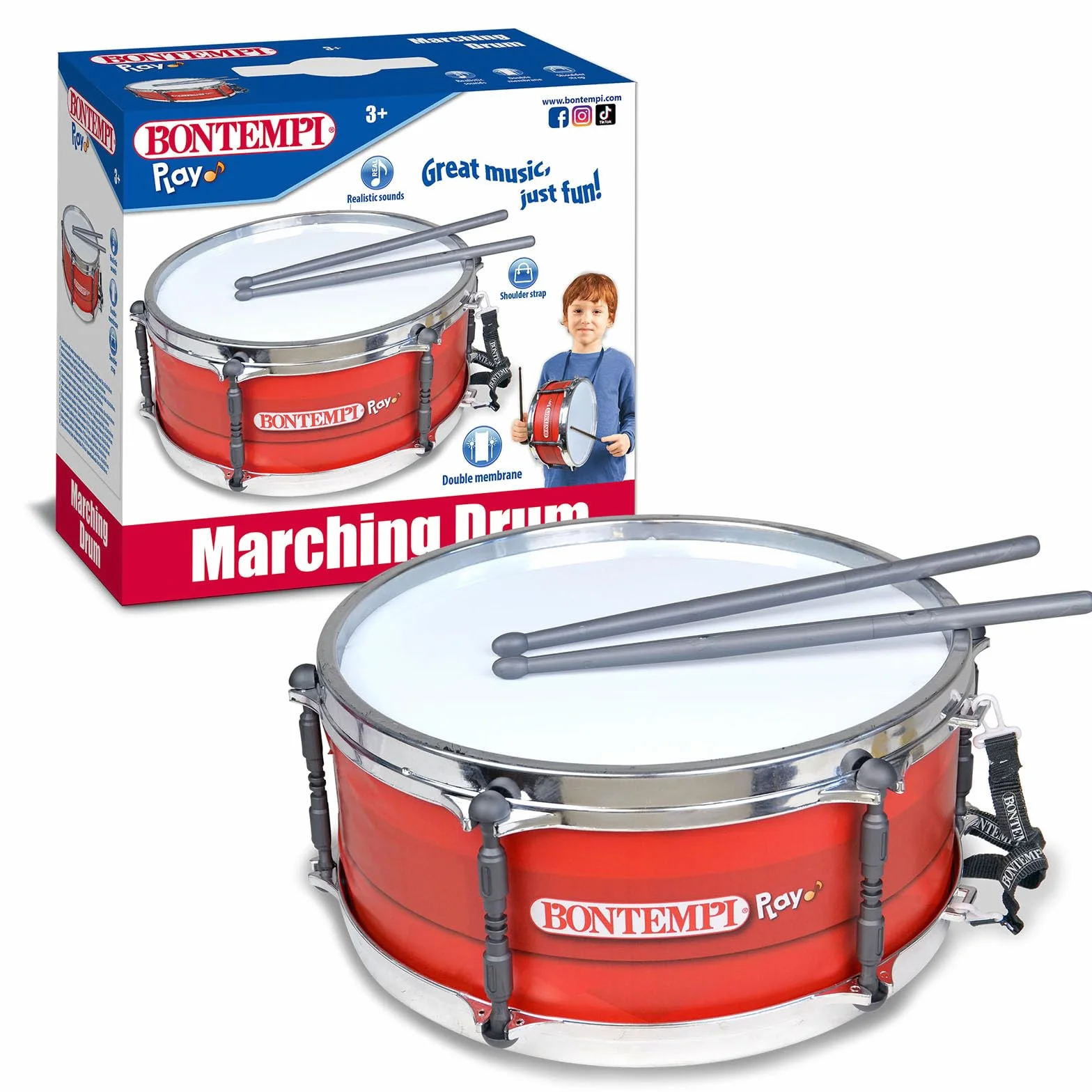 Bontempi | BeatMaster - Tamburo con Doppia Membrana, Tracolla e Bacchette di 25cm per un'Esperienza Ritmica Completa, Rosso, 34,4x31,9x15,4 cm