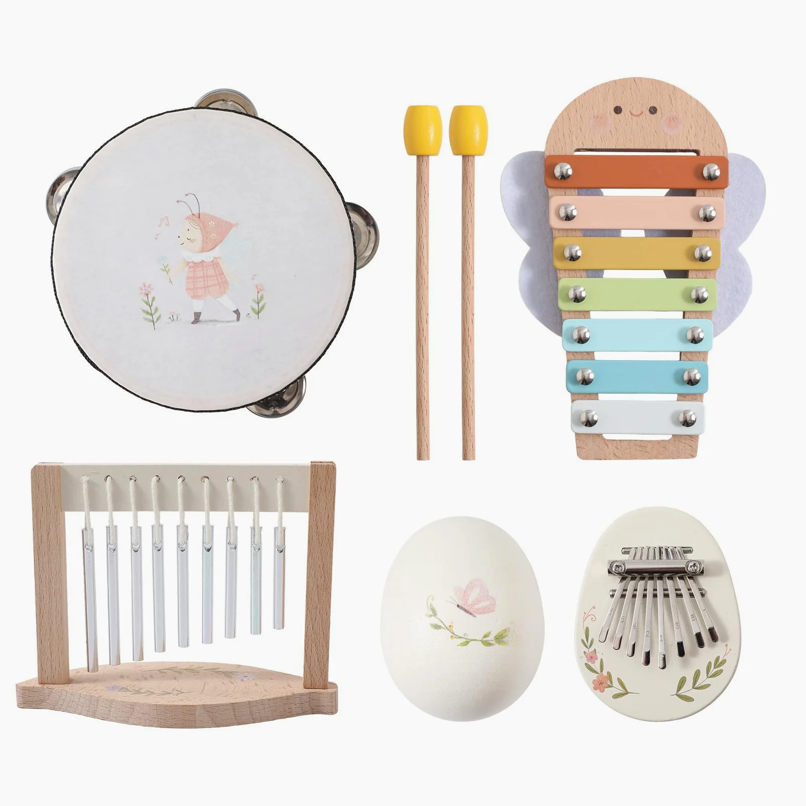 Eujgoov Set di Giocattoli a Percussione in Legno, Strumenti Musicali in Legno Naturale per Bambini con Xilofono e Tamburello, Perfetti per attività di Apprendimento in età Prescolare
