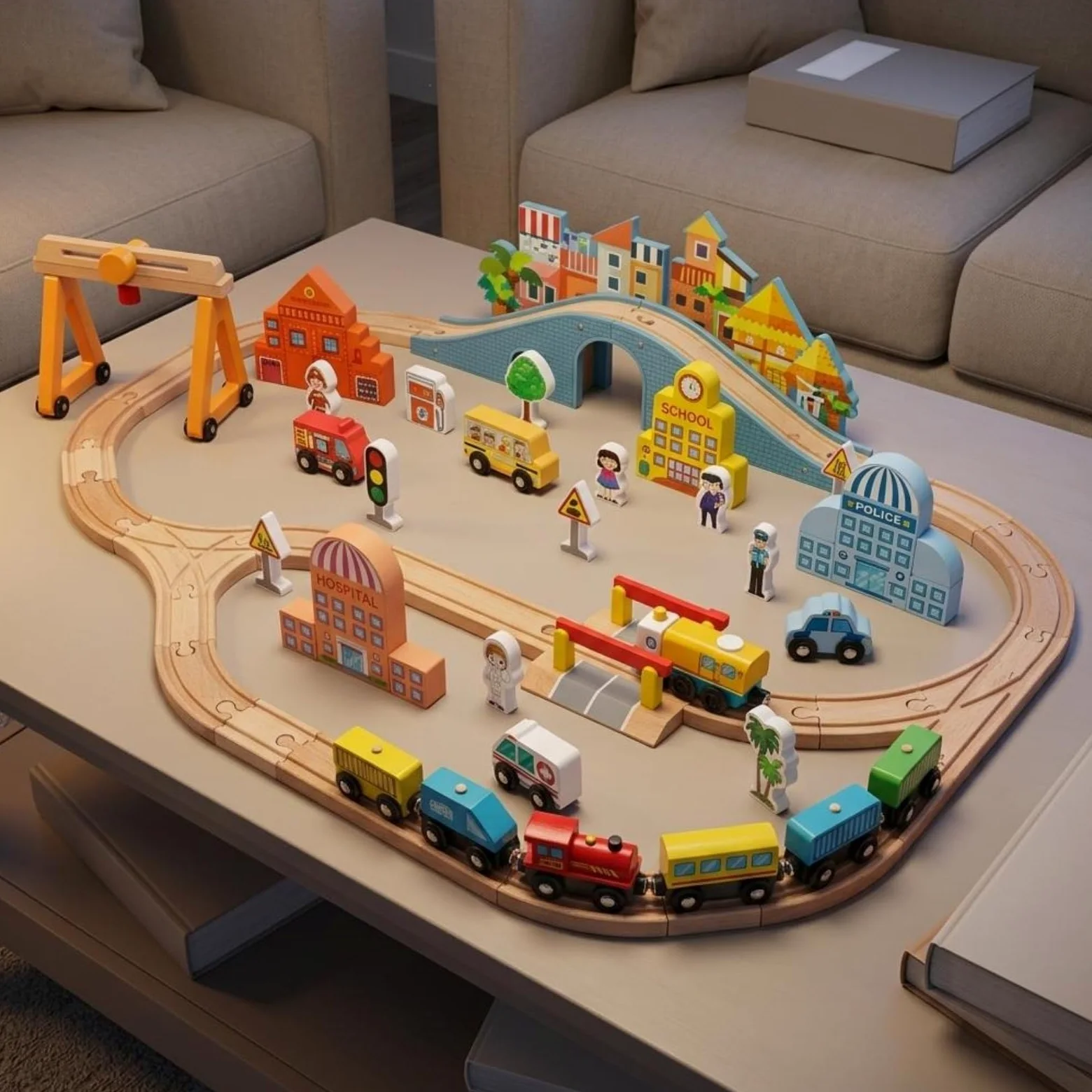 predolo Set Trenino Elettrico in Legno Scene Multiple Set Ferroviario Legno Sicuro Trenino con Binari per Casa