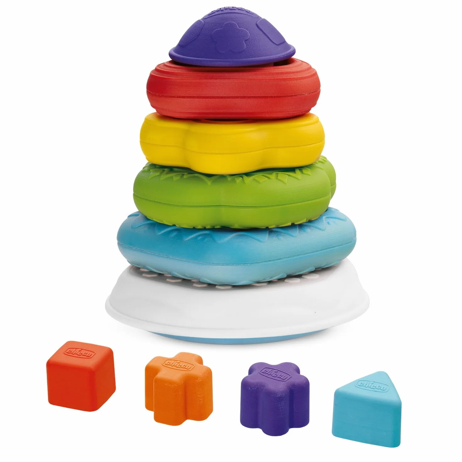 Chicco Torre Anelli 2in1 Gioco Impilabile, Centro attività, Gioco Forme Incastri e Texture Differenti, Sviluppo Manualità e Coordinazione, Regalo Bambino, 6-36 Mesi
