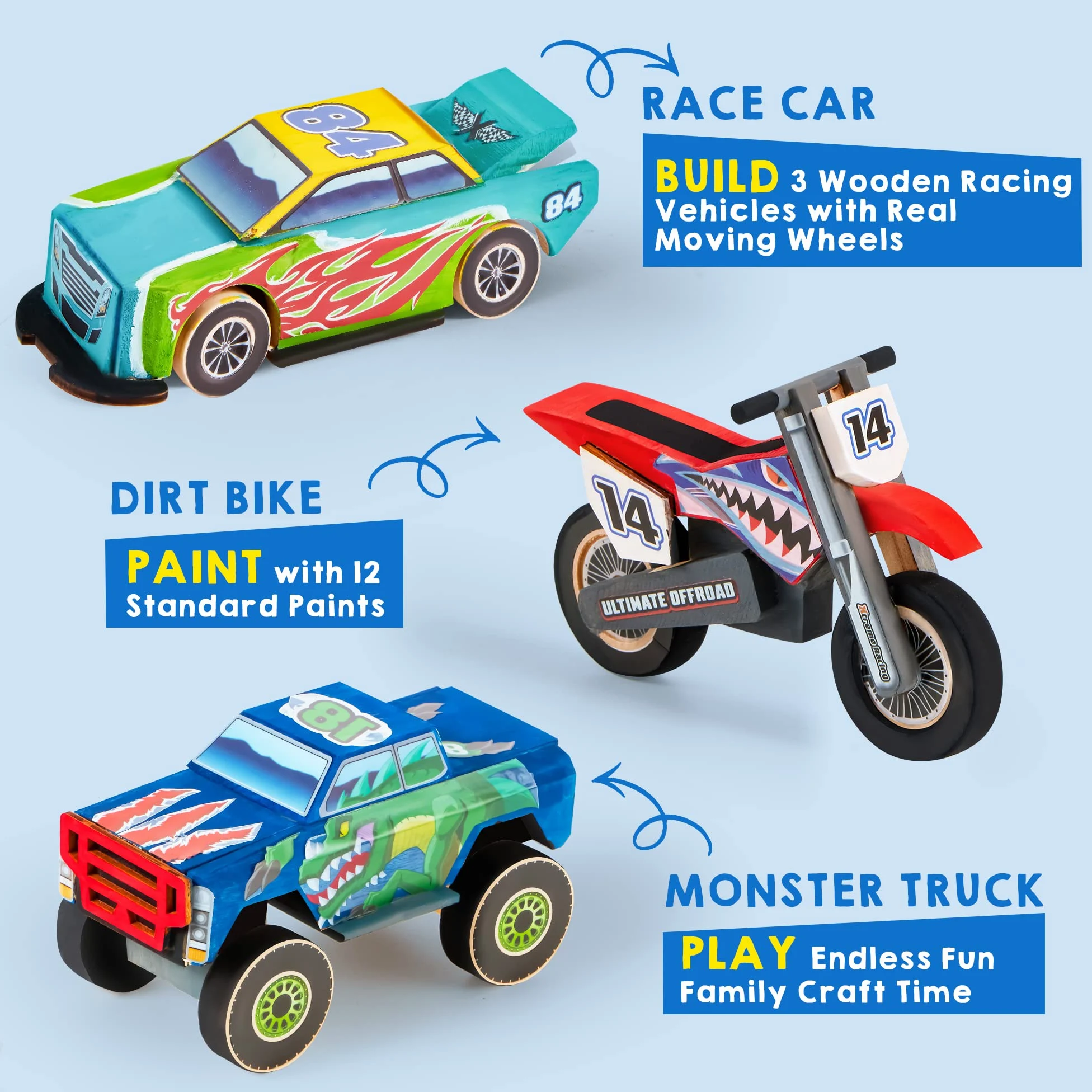 JOYIN klever Kit Bambini Craft Kit corporatura & Paint Your Own Race Car in Legno Art & Craft Kit Fai da Te Giocattoli Crea Il Tuo Auto Camion Giocattolo Costruire e Paint Kit Craft