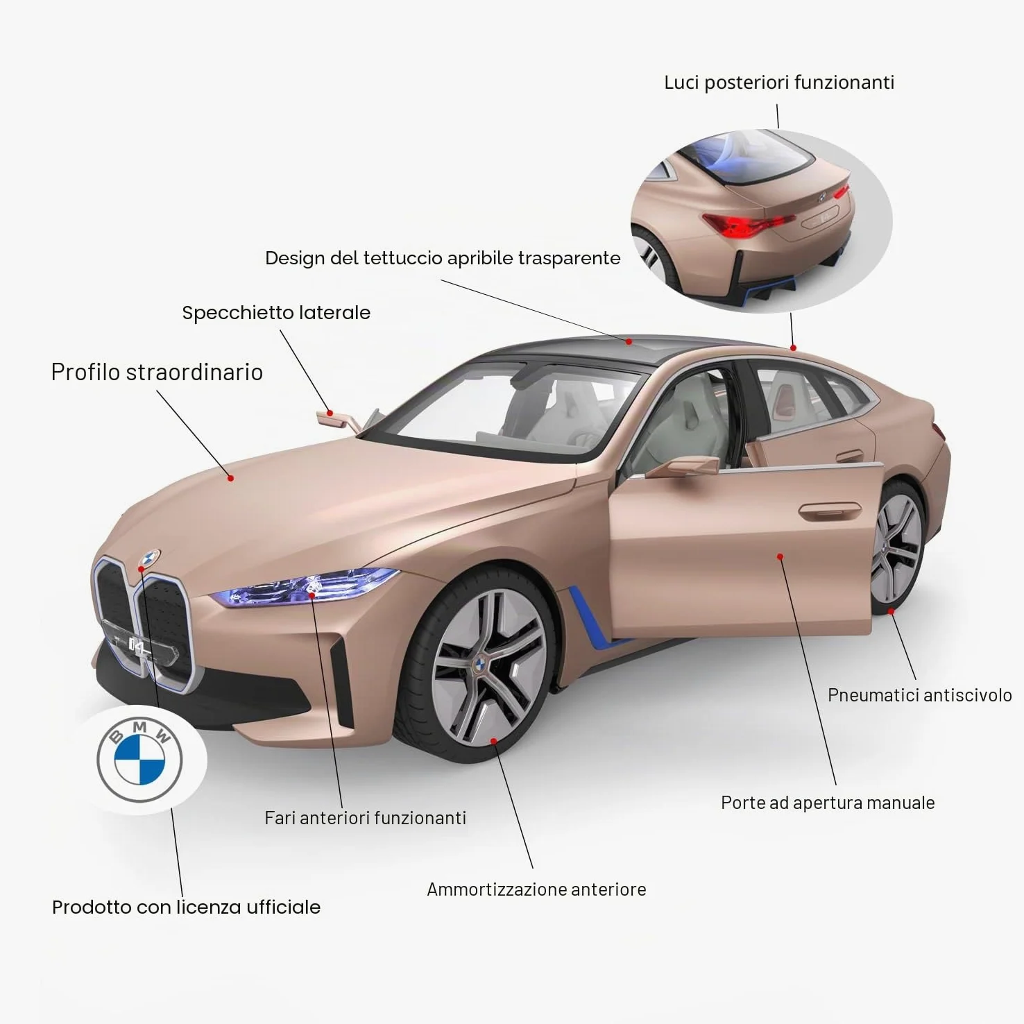 RASTAR BMW i4 Telecomandata, 1/14 Concept RC Auto Giocattolo Dorato, Modello Pressofuso per Bambini, Ragazzi e Adulti