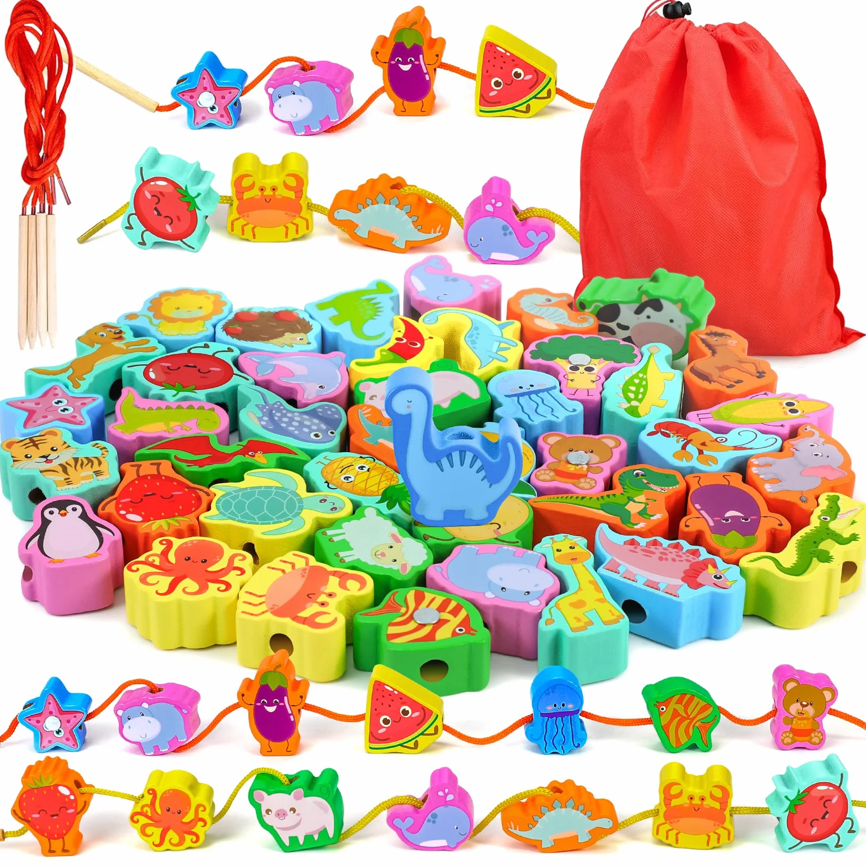Ophy Giochi Montessori 6 Temi per Bambini - 2 in 1 Giocattoli Educativi per 2-3 Anni | Perline di Legno Giochi da Infilare