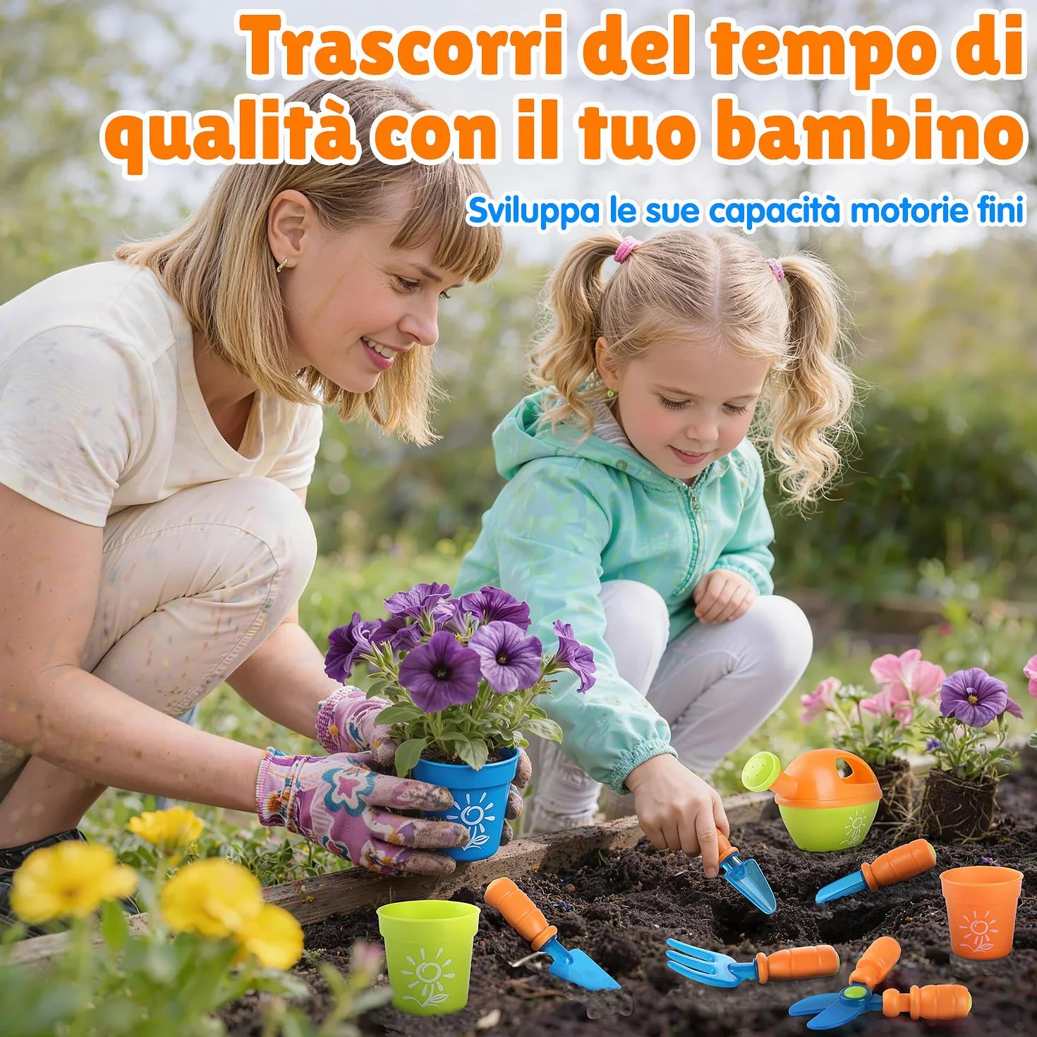 PLAY Set Attrezzi Giardino per Bambini, Utensili Giardino con Pala, Forchetta, Forbici, Vaso, Annaffiatoio, Targhetta e Contenitore, Kit Giardino per Bambini dai 3 Anni in su