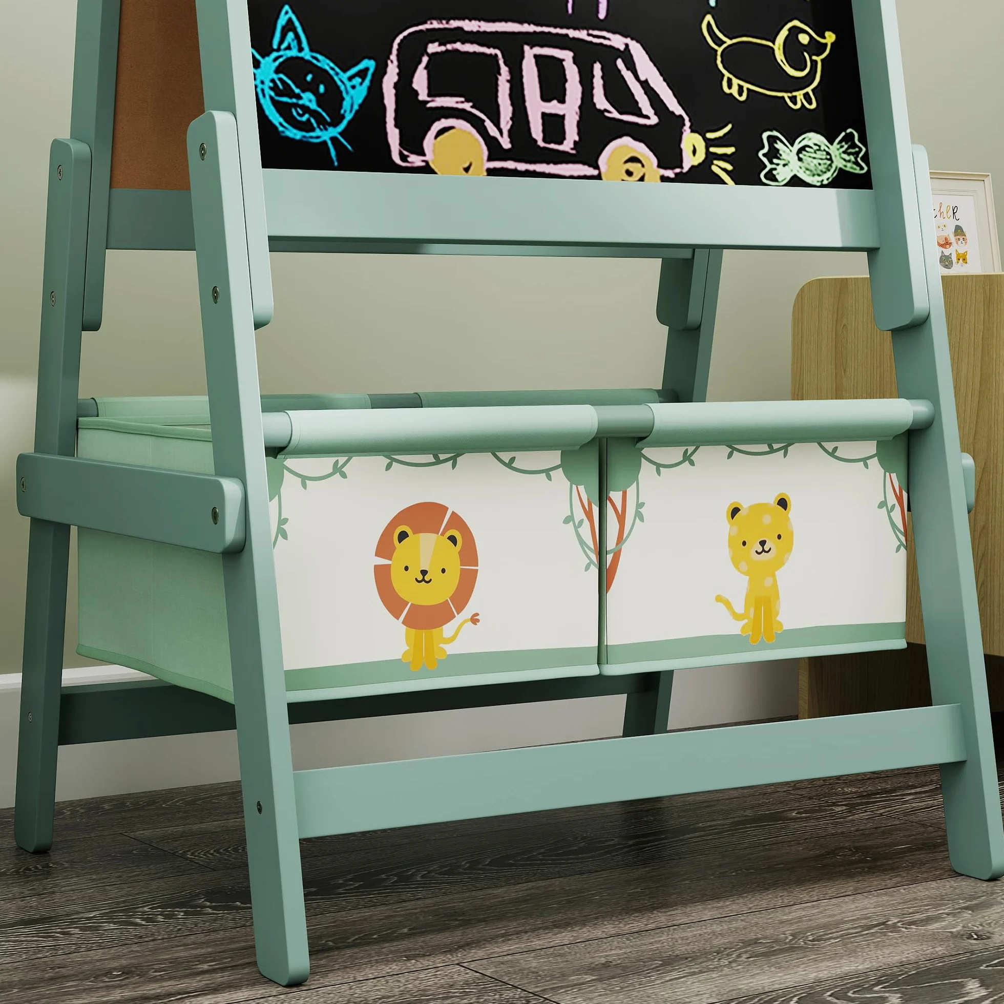 AIYAPLAY Lavagna per Bambini 3 in 1 con Rotolo di Carta e Cestelli Portaoggetti, Cavalletto in Legno di Pino e MDF, 54x46x94 cm, Verde
