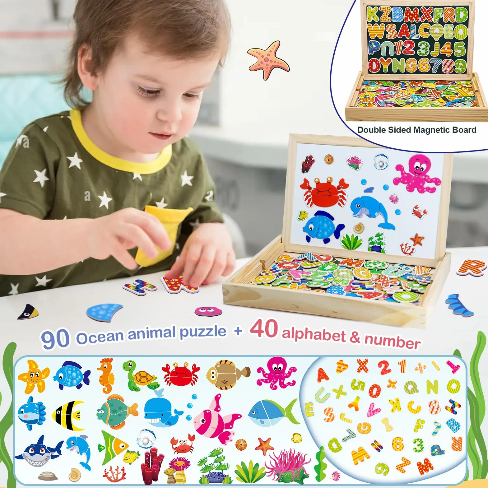Uping Puzzle Magnetico Legno 130 Pezzi con Lavagna a Double Face per Bambini 3 Anni+