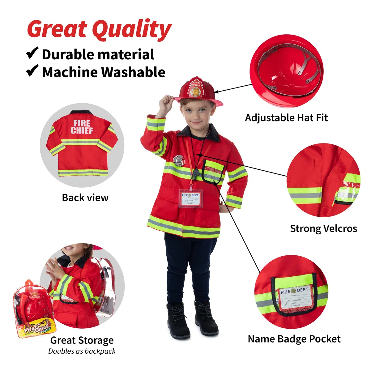 Born Toys Giocattoli Nati (Costume da Pompiere Lavabile Premium 8 PC e Accessori per Vigili del Fuoco con estintore ad Acqua Reale Ottimo per Halloween