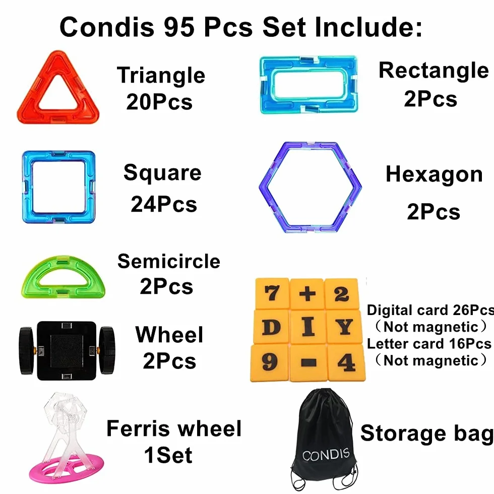 Condis 95 Pezzi Costruzioni Magnetiche Bambini 3-8 anni, Blocchi Calamite Gioco Educativi Regalo Montessori