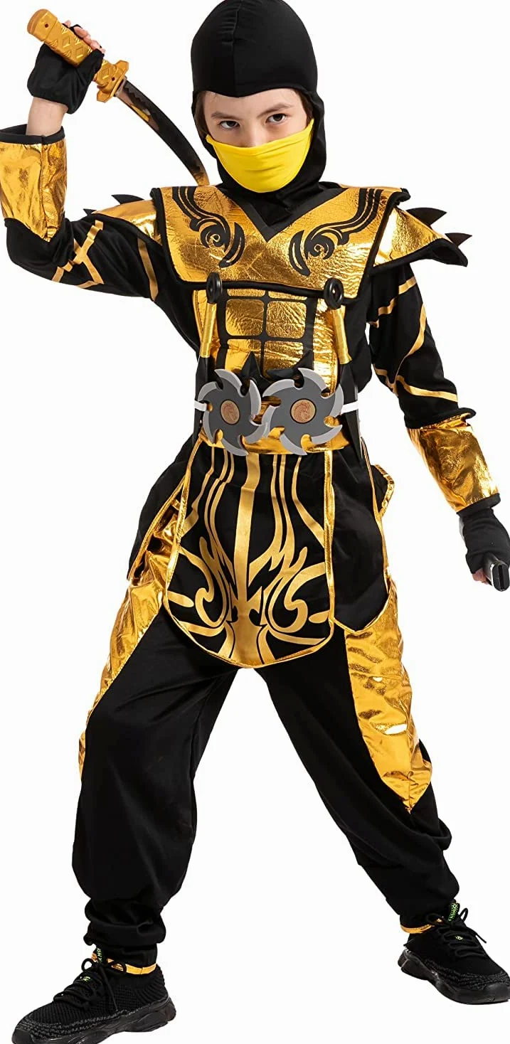 Spooktacular Creations Costume da ninja d'oro per feste a tema ninja per bambini Costume di Halloween da ninja gioco di ruolo Festa di Natale