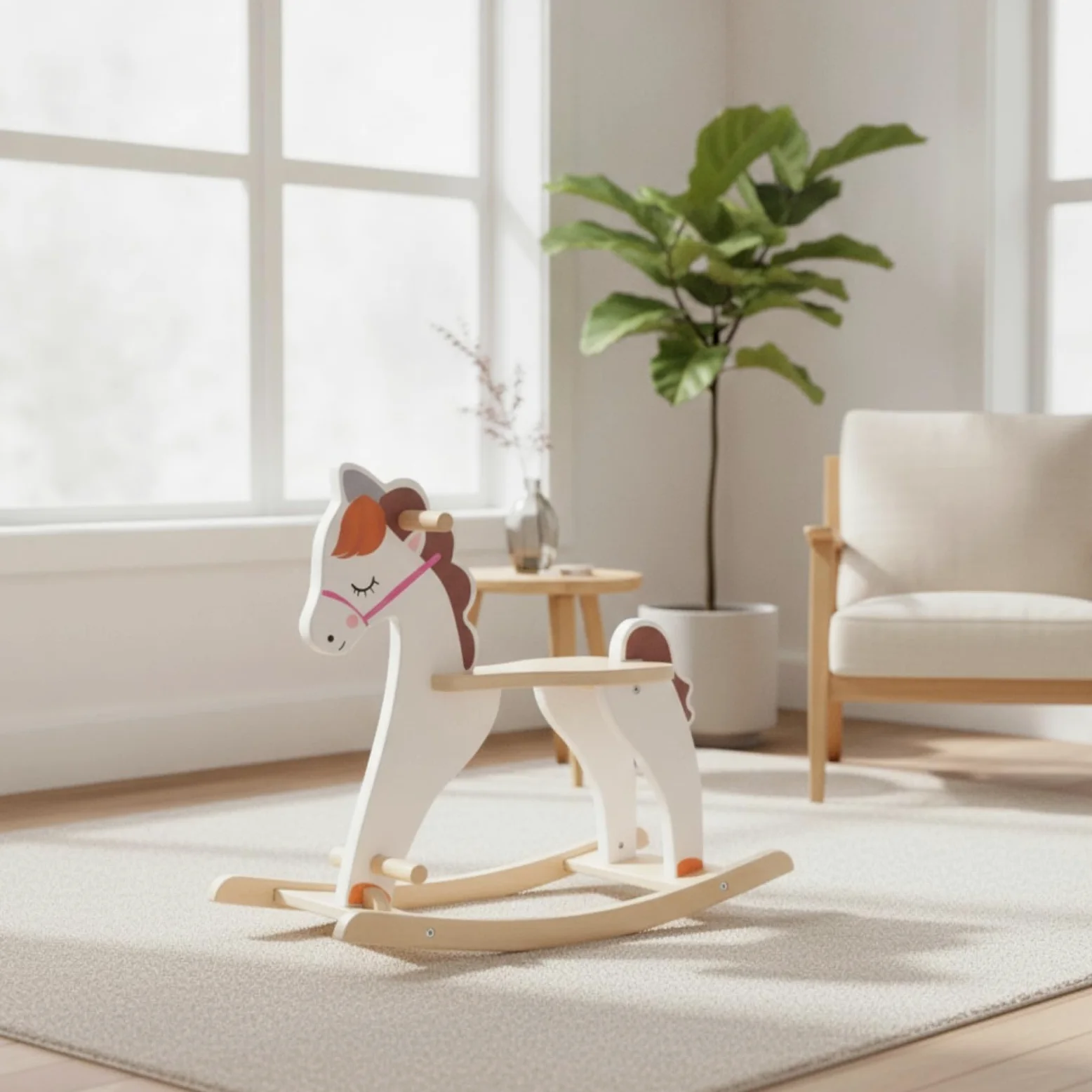 Cavallo a Dondolo per Bambini Cavalluccio Dondolo Legno Giocattolo Cavalcabile Presa Sicura Seduta Comoda Limitatore Dondolio 30 Gradi per Abilità