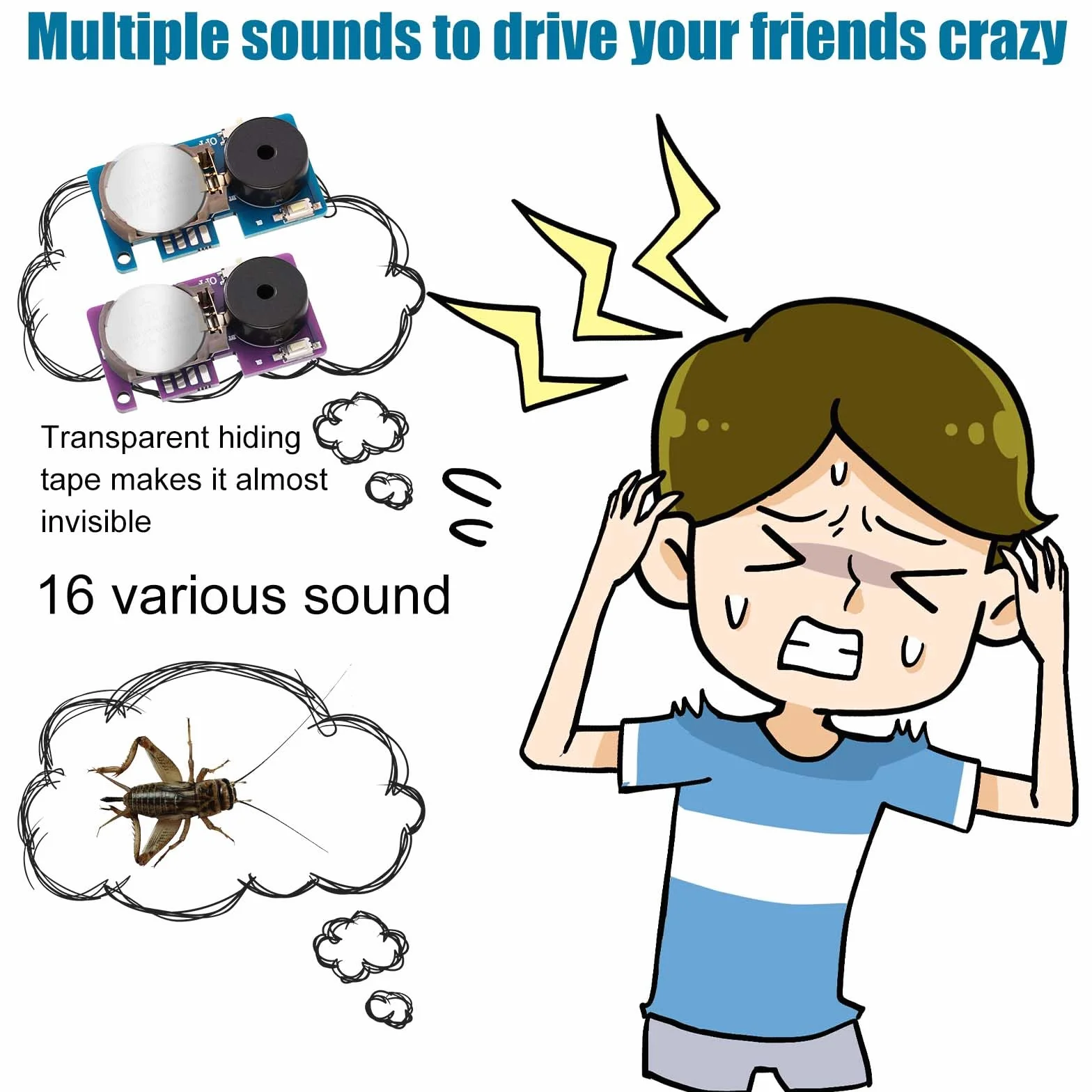 4pz Grillo Che Fa Rumore, Divertenti Gadget per Scherzi Che Fanno Rumore con 16 Suoni Piccolo Dispositivo per Scherzi Acustici per Casa Feste (Viola e Blu)