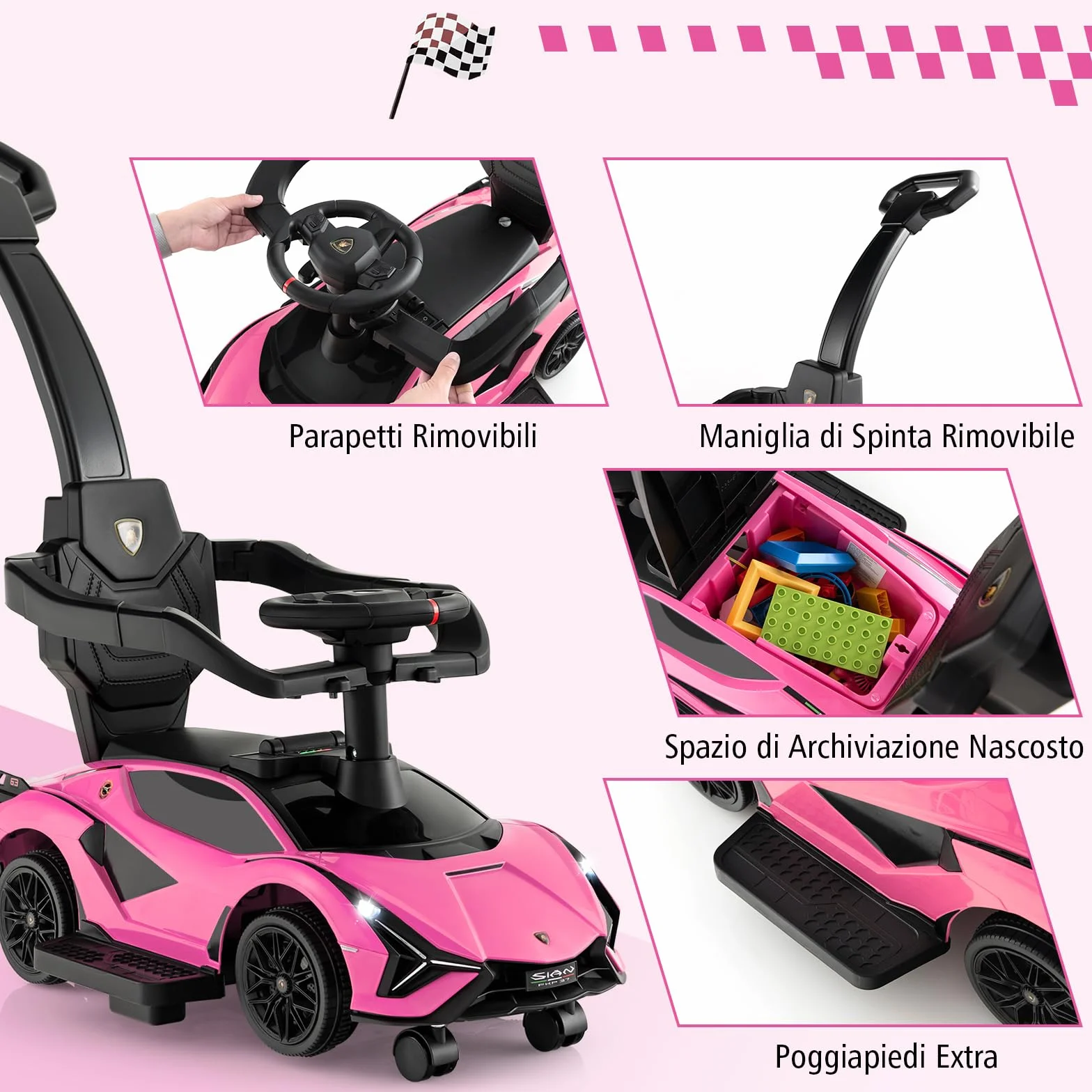 COSTWAY 3 in 1 Auto da Spinta con Paracolpi e Manubrio Rimovibili, Musica e Fari, Rosa per Bambini 18-24 Mesi