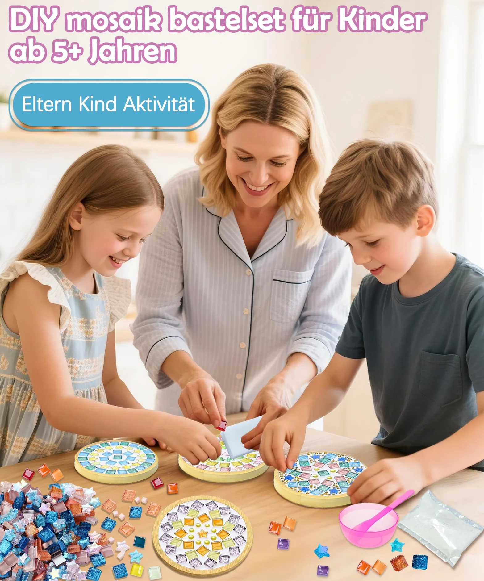 Finsink Set di 8 sottobicchieri a mosaico per bambini, set fai da te,di sottobicchieri in legno, set di pietre a mosaico per il fai da te, regalo di compleanno per bambini adulti