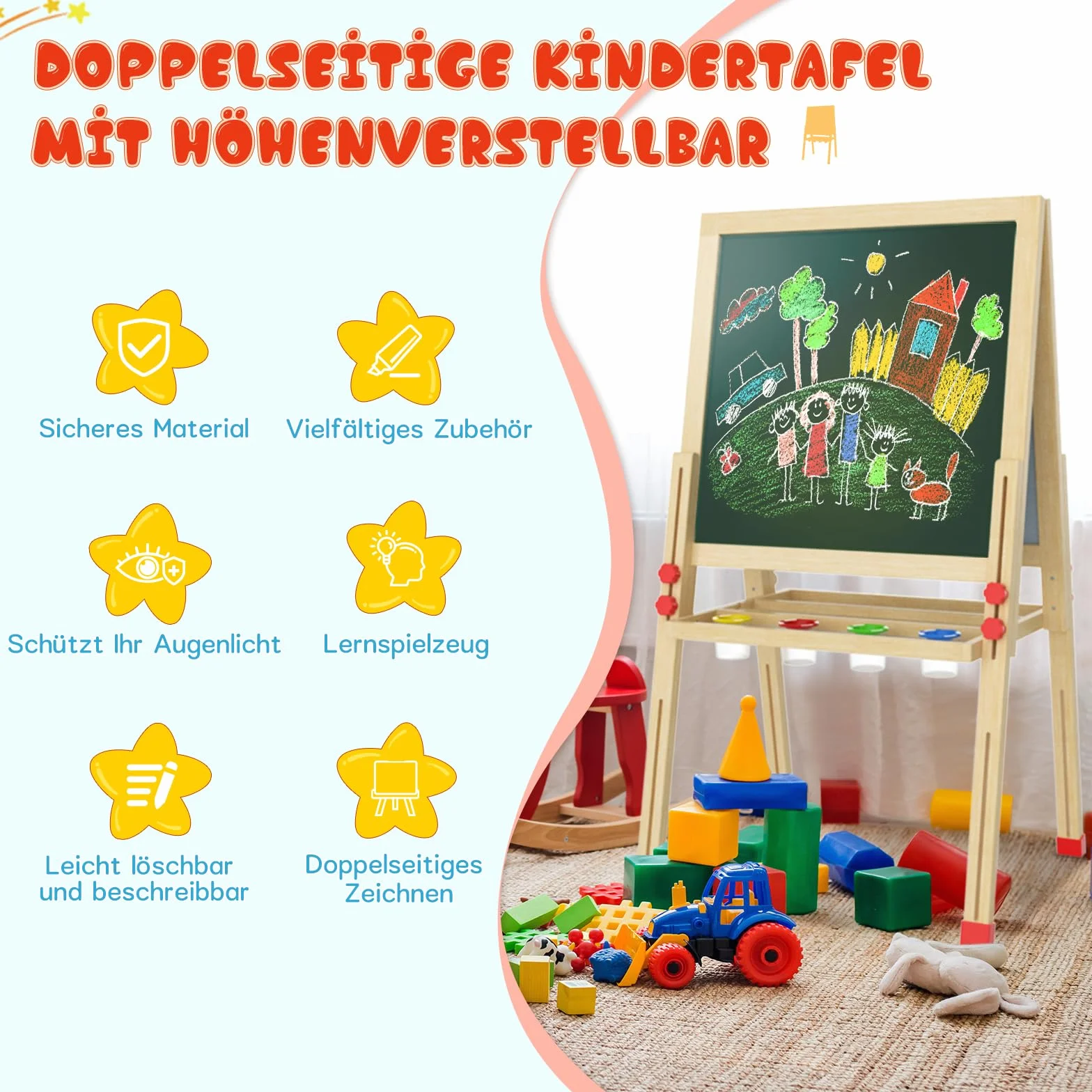 Dripex Bambini con Cavalletto pieghevole in Legno Regolabile in Altezza, Lavagna a Doppia Faccia con 26 Accessori per la pitturaper(49x49x88-105cm)