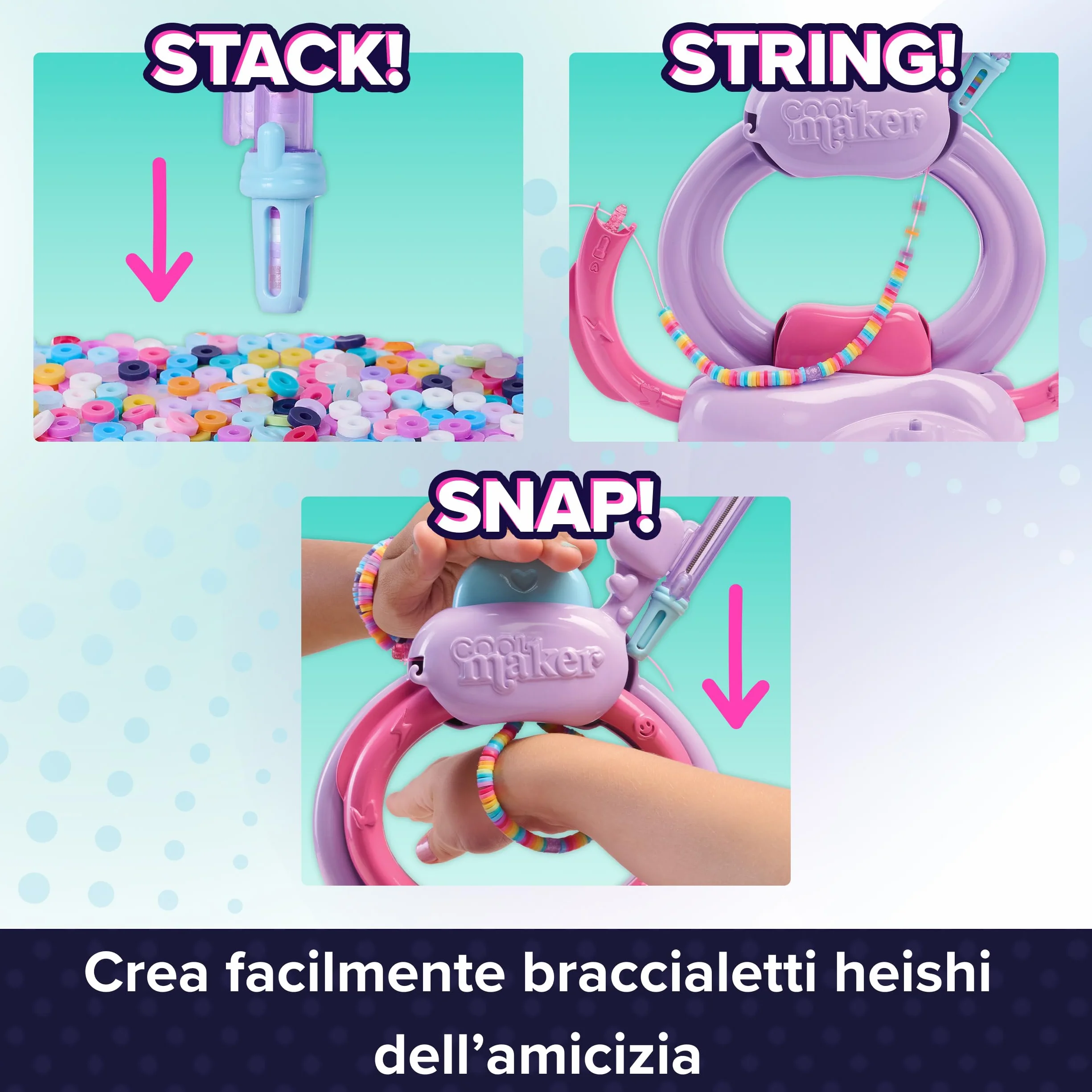 Cool Maker Macchina Braccialetti Heishi Amicizia con Penna Impila-Perline e 1200 Perline per 15 Braccialetti, Giocattolo Artistico per Bambine 7+