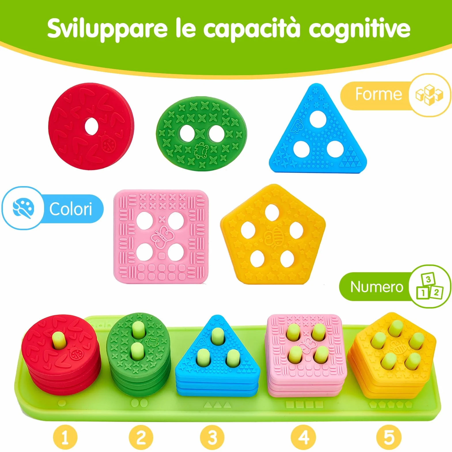 hahaland Gioco Sensoriale in Silicone per Bambini 12+ Mesi, Gioco Impilabile Morbido, Blocchi Montessori per Sviluppo Sensoriale e Motricità, Regalo per Bambini 1-3 Anni