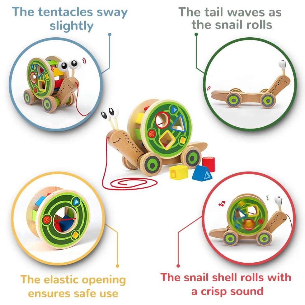 Hape Lumaca da trainare | Giocattolo in legno 2 in 1 | Chiocciola trainabile con guscio separabile e forme a incastro