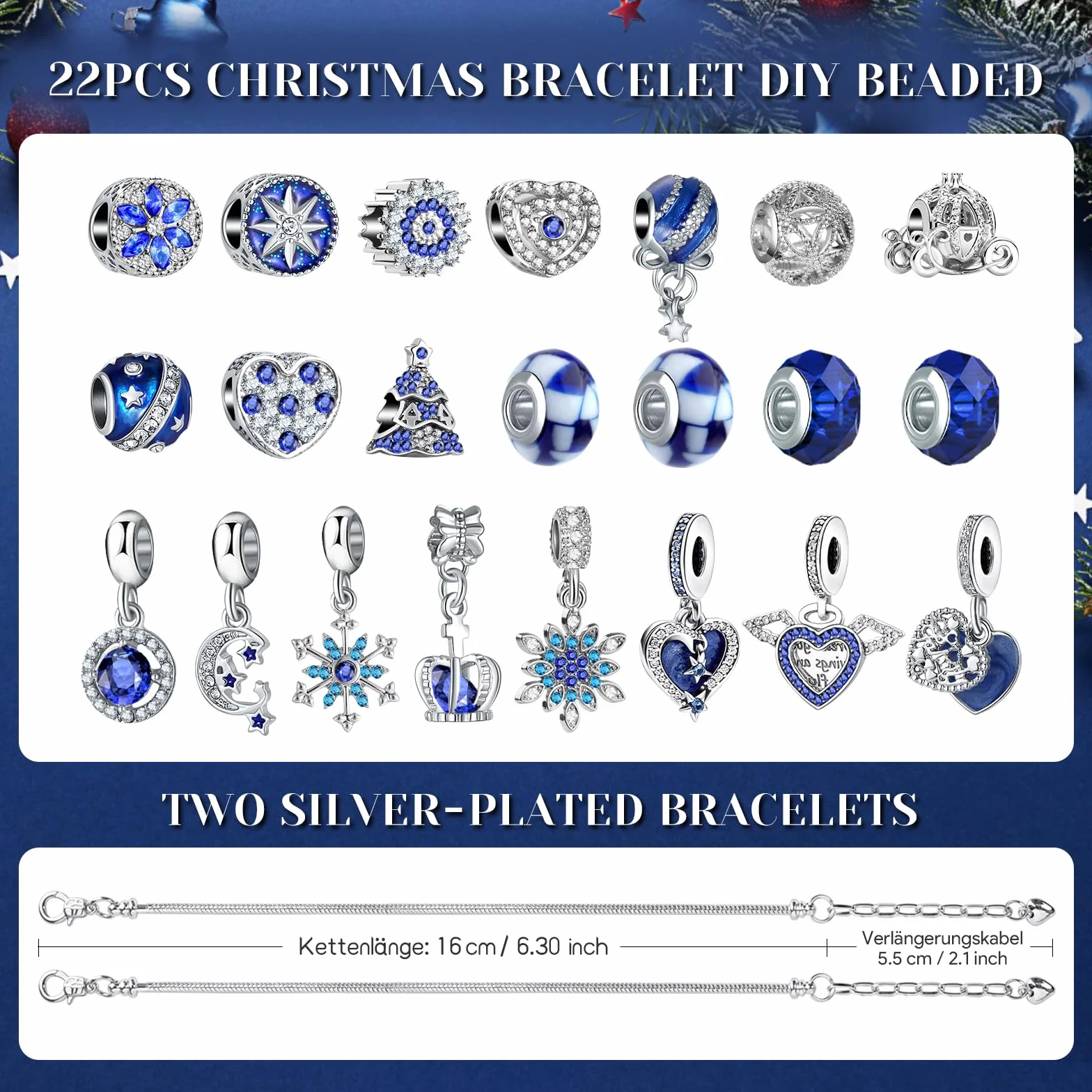 Calendario dell'Avvento 2025 Donna Gioielli Bracciale,Calendario Avvento Ragazza Sorprese Regali,Bambina Natalizi Ciondoli Kit 2 Catene 22 Charms Accessori fai da te Perline Blue