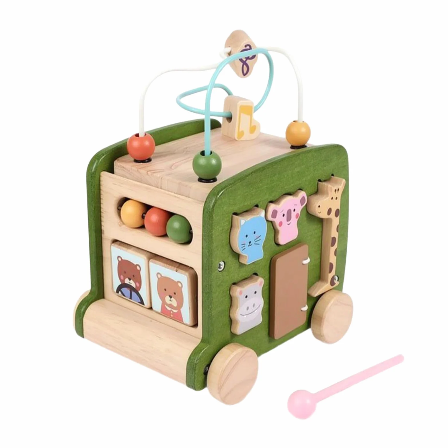 Scatola Educativo Sensoriale, Autobus Giocattolo Montessoriano Verde | Multiattività, Scatola Montessoriana con percorso di perline, Motricità Fine, per Cameretta, Asilo Nido, Neonati