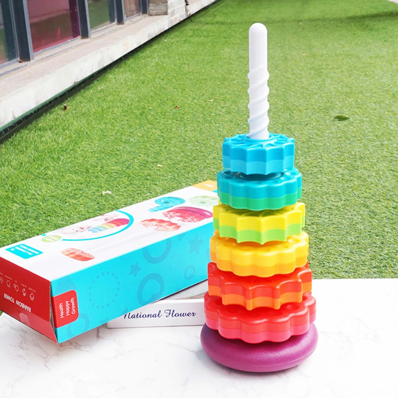 Torre di impilamento rotante – per | Lancer Anelli | Educativo | Bastone e 7 Anelli Inclusi | Giocattolo Sviluppo Motricità | Apprendimento Colori Forme